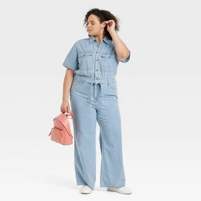 New - Universal Thread Women's Short Sleeve Denim Jumpsuit Straight, Light Wash Blue