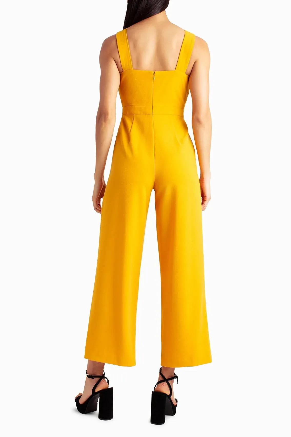 Nicole Miller crisscross halter neck keyhole front sleeveless pleated stretch crepe jumpsuit with pockets