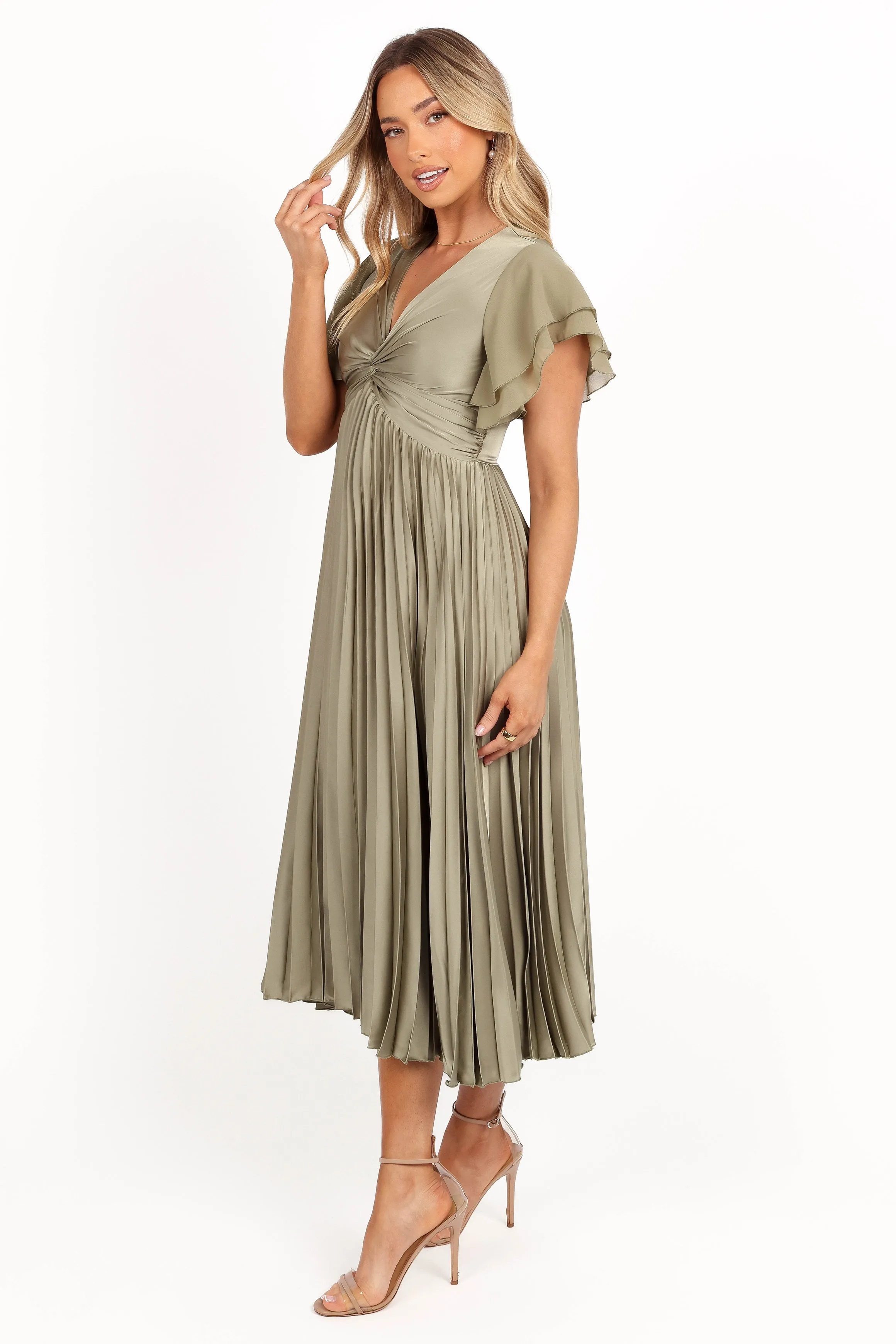 Nova Flutter Sleeve Midi Dress - Olive