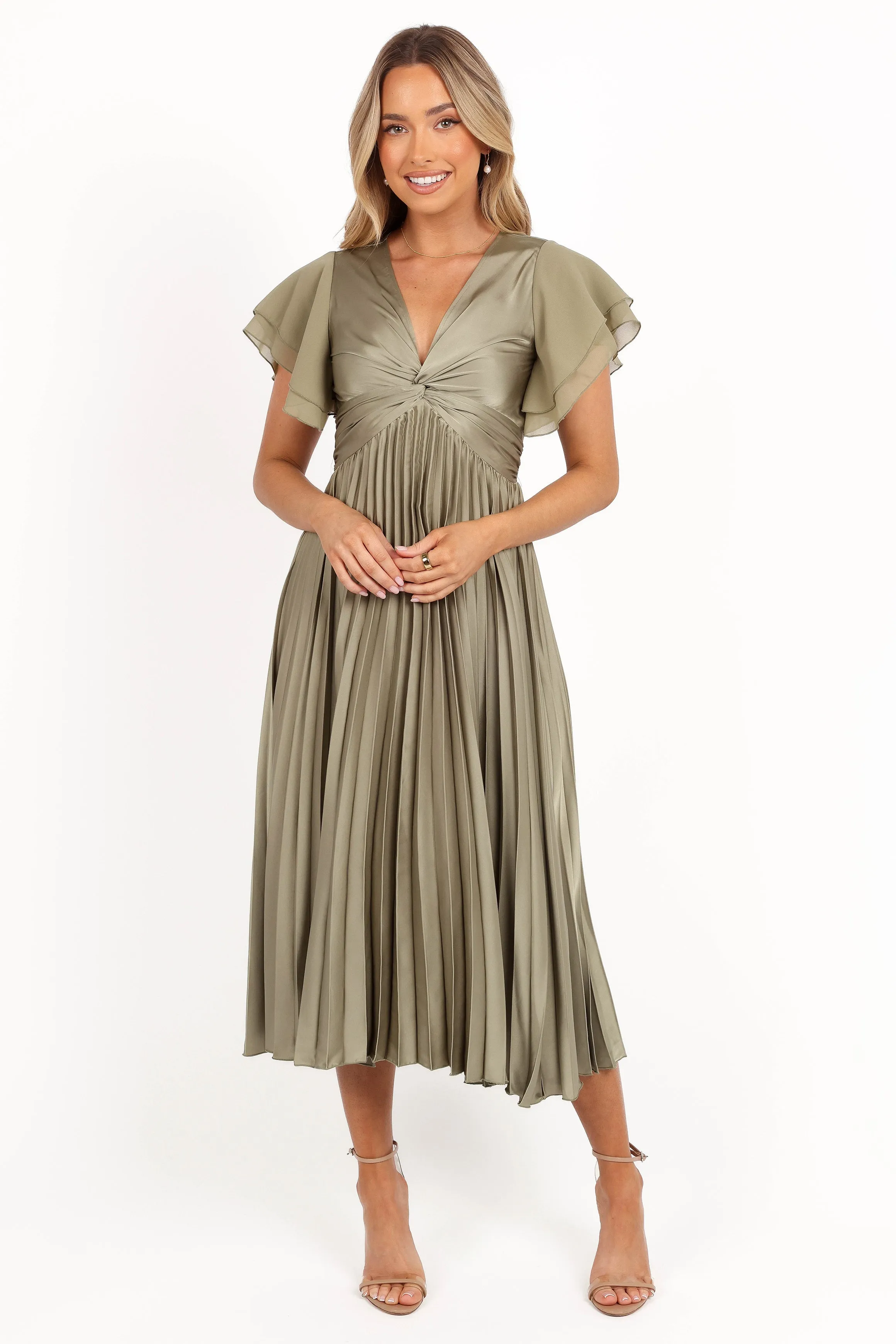 Nova Flutter Sleeve Midi Dress - Olive