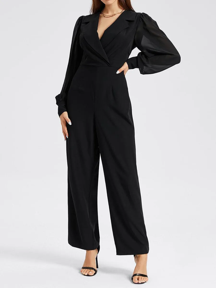 OL Sheer Lapel Neck Straight Leg Jumpsuit