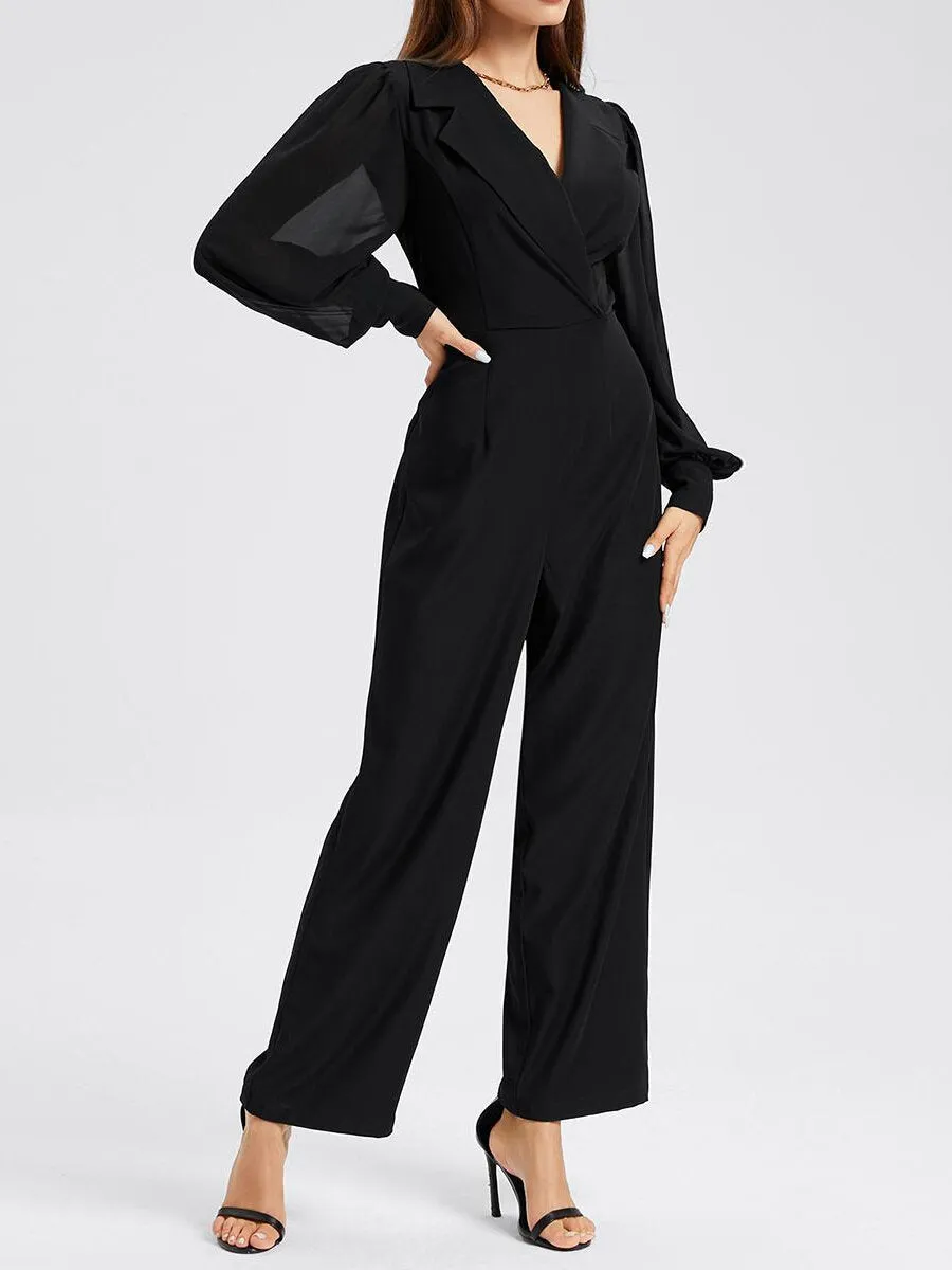 OL Sheer Lapel Neck Straight Leg Jumpsuit