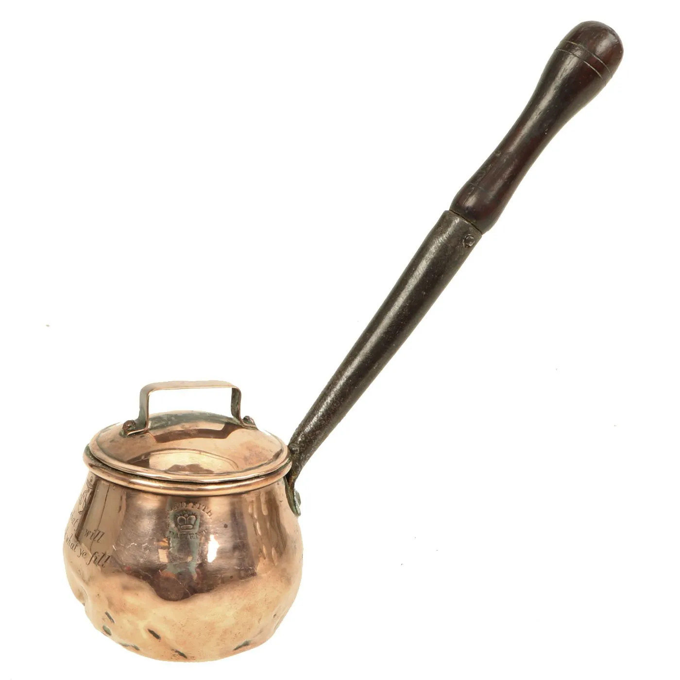 Original British Victorian Navy Officers Griffiths Patent Lidded Copper Brandy Warmer named to J. Jones