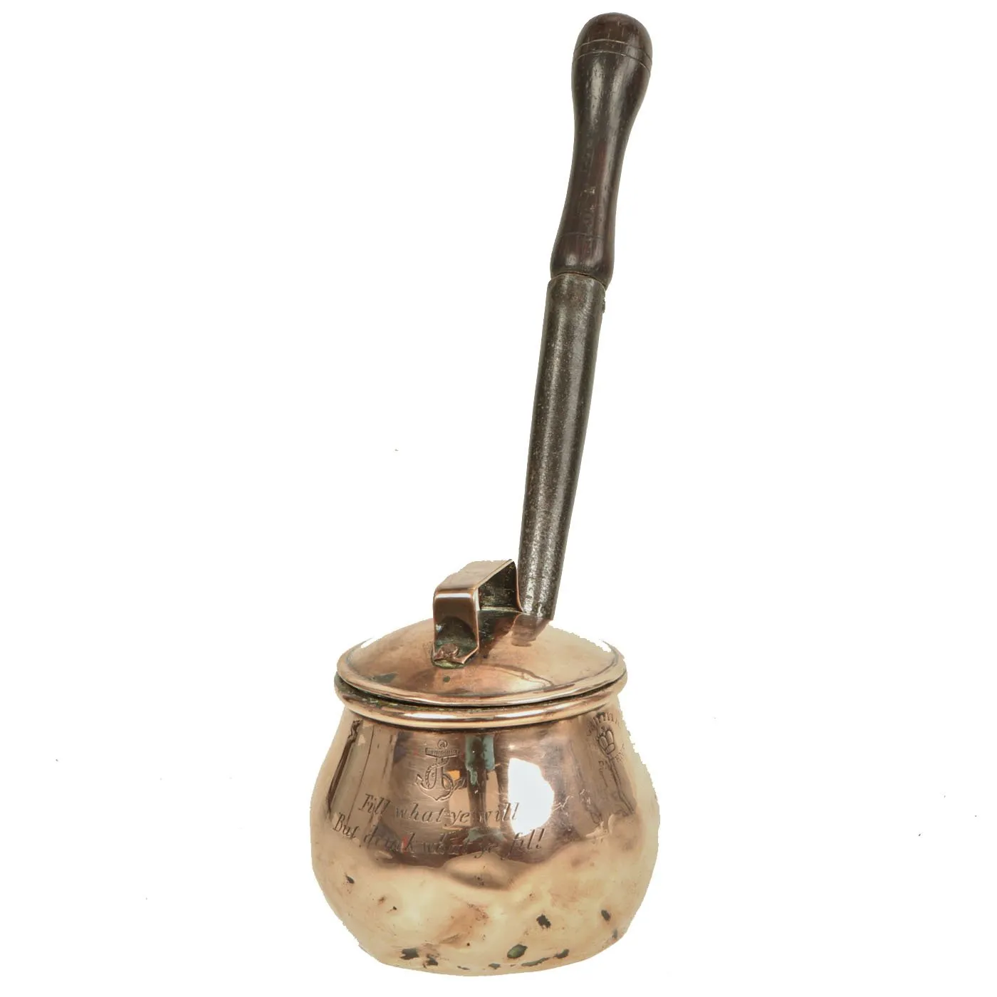 Original British Victorian Navy Officers Griffiths Patent Lidded Copper Brandy Warmer named to J. Jones