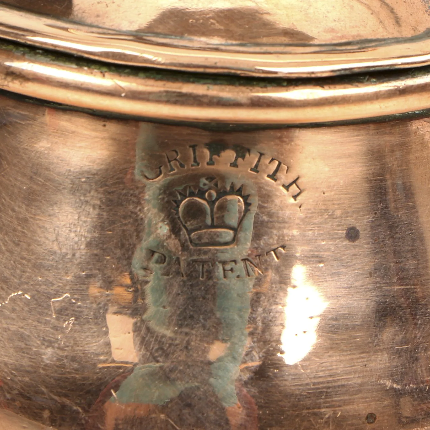 Original British Victorian Navy Officers Griffiths Patent Lidded Copper Brandy Warmer named to J. Jones