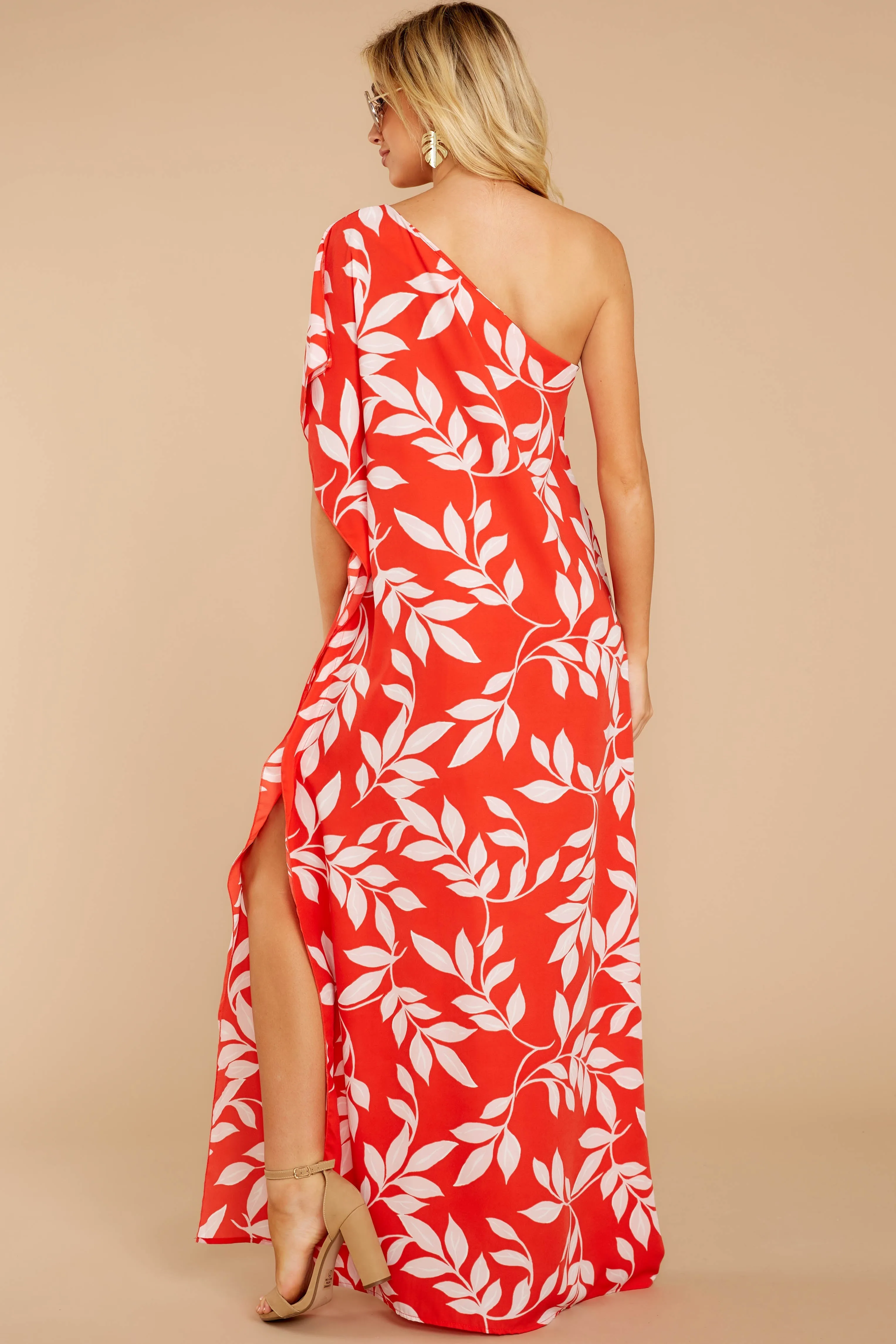 Palm Spring Paradise Coral Orange Print One Shoulder Maxi Dress