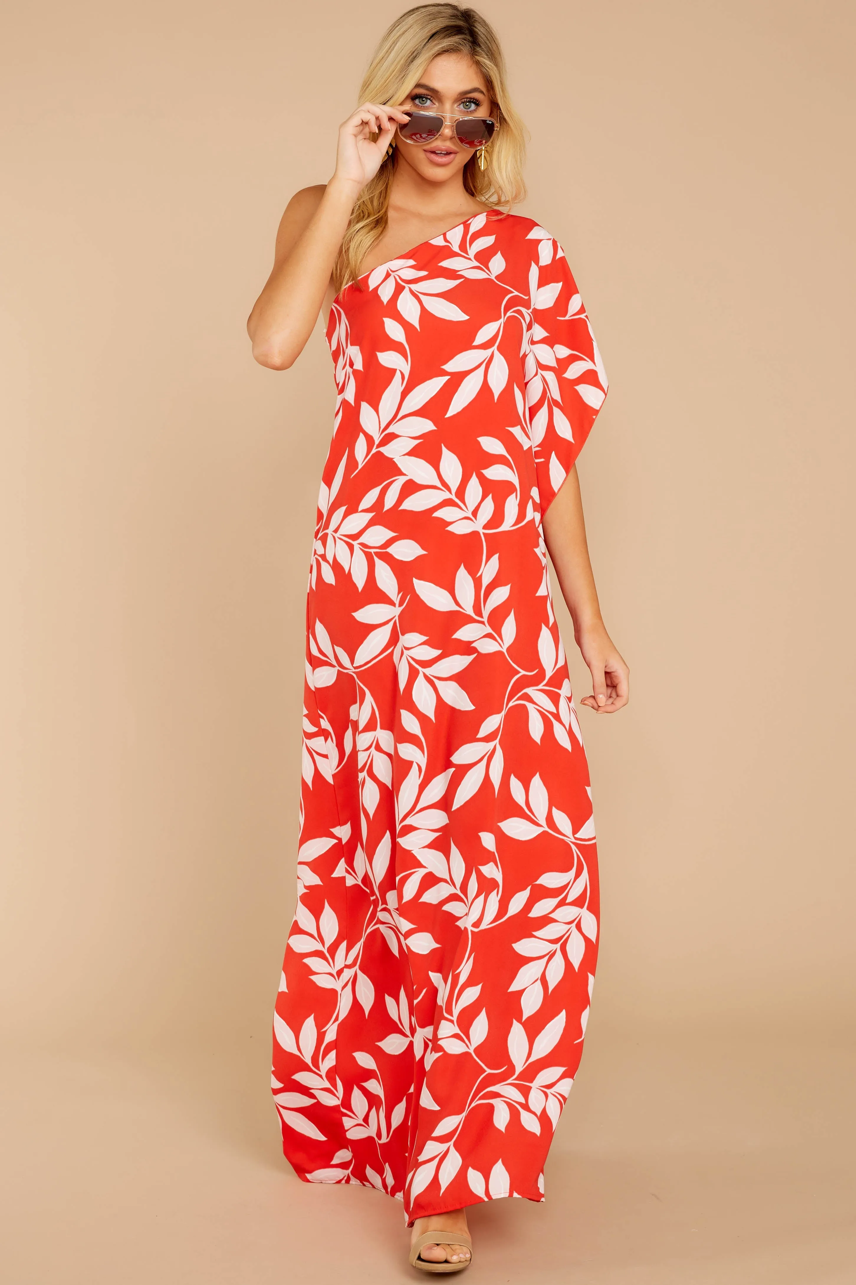 Palm Spring Paradise Coral Orange Print One Shoulder Maxi Dress