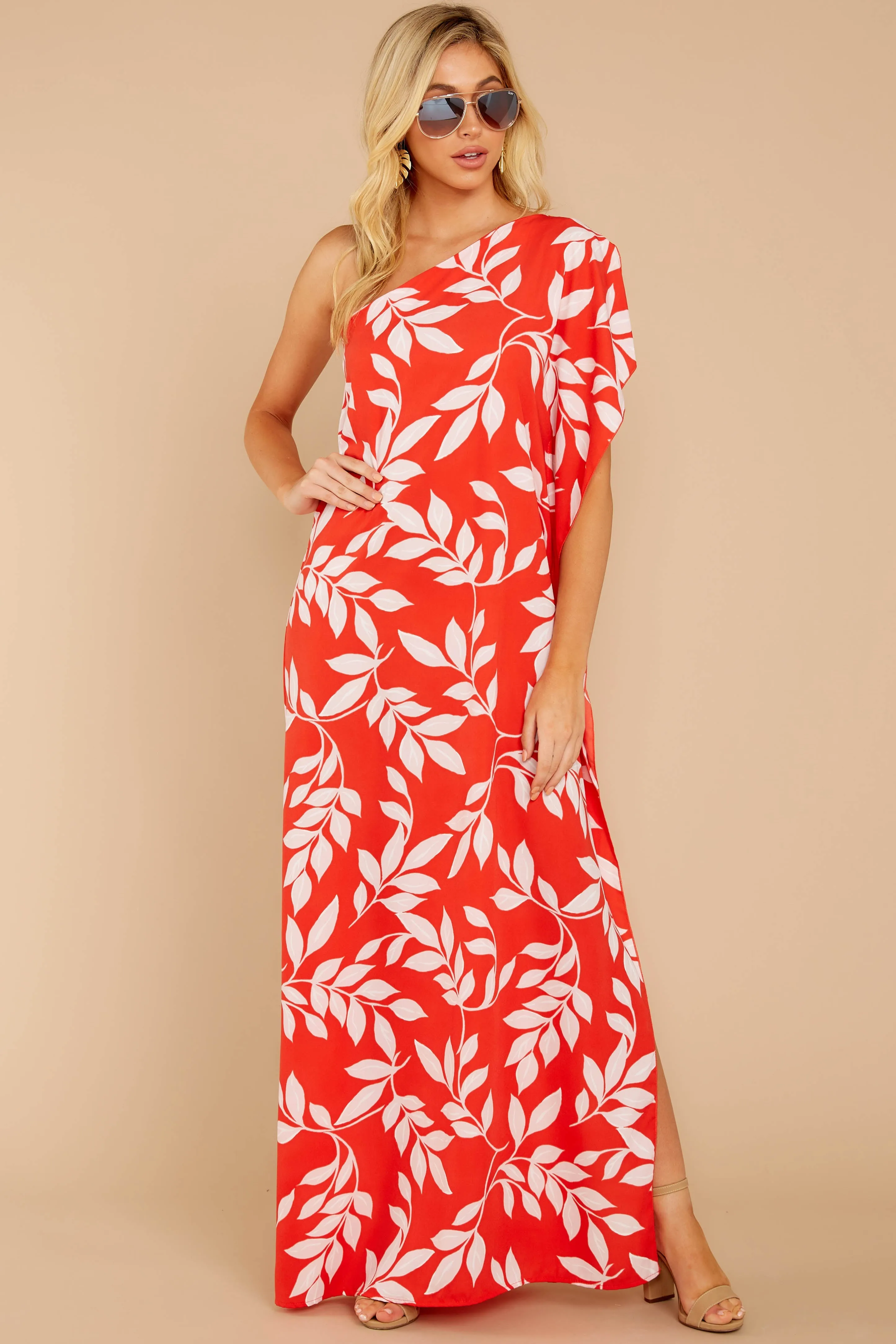 Palm Spring Paradise Coral Orange Print One Shoulder Maxi Dress