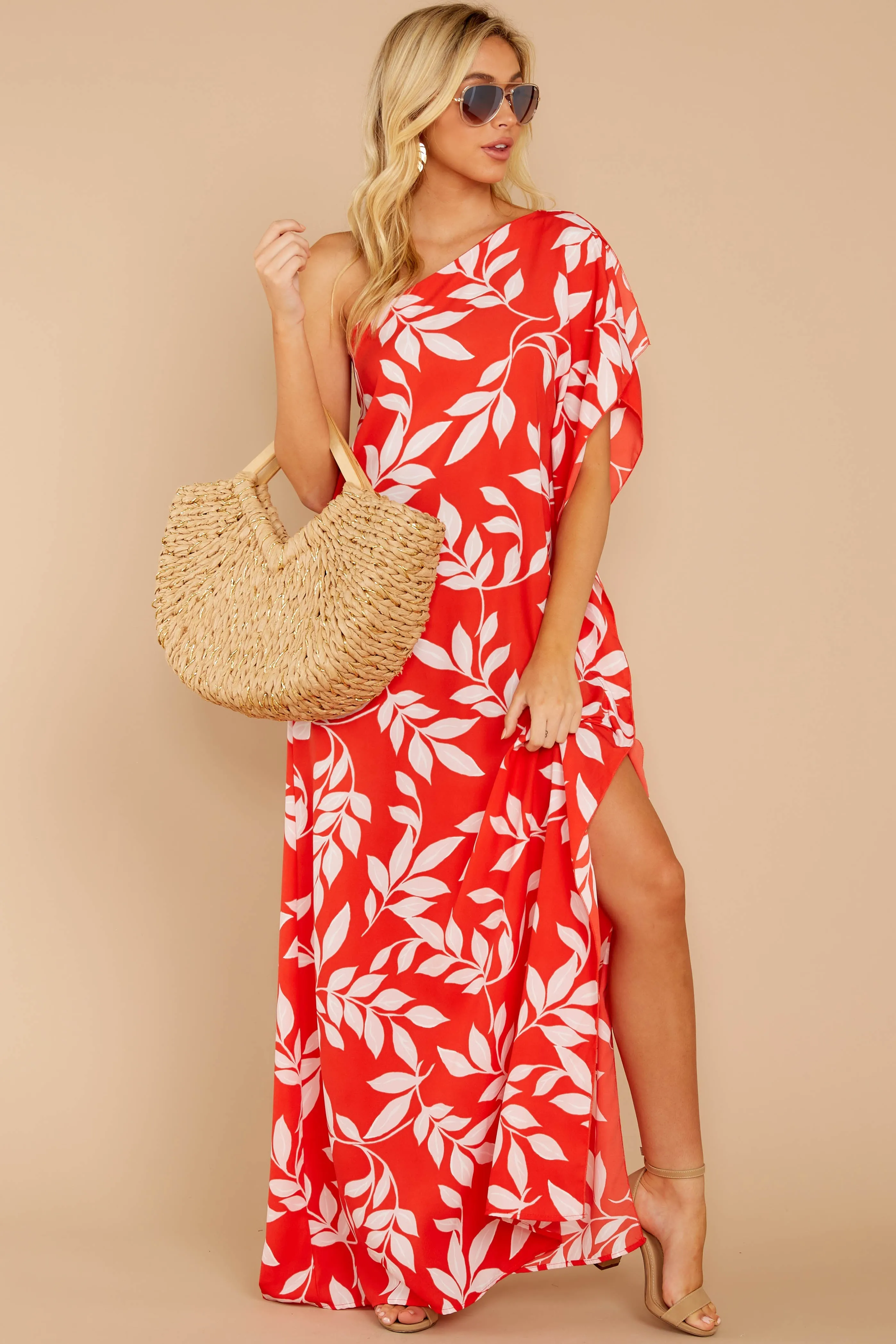 Palm Spring Paradise Coral Orange Print One Shoulder Maxi Dress