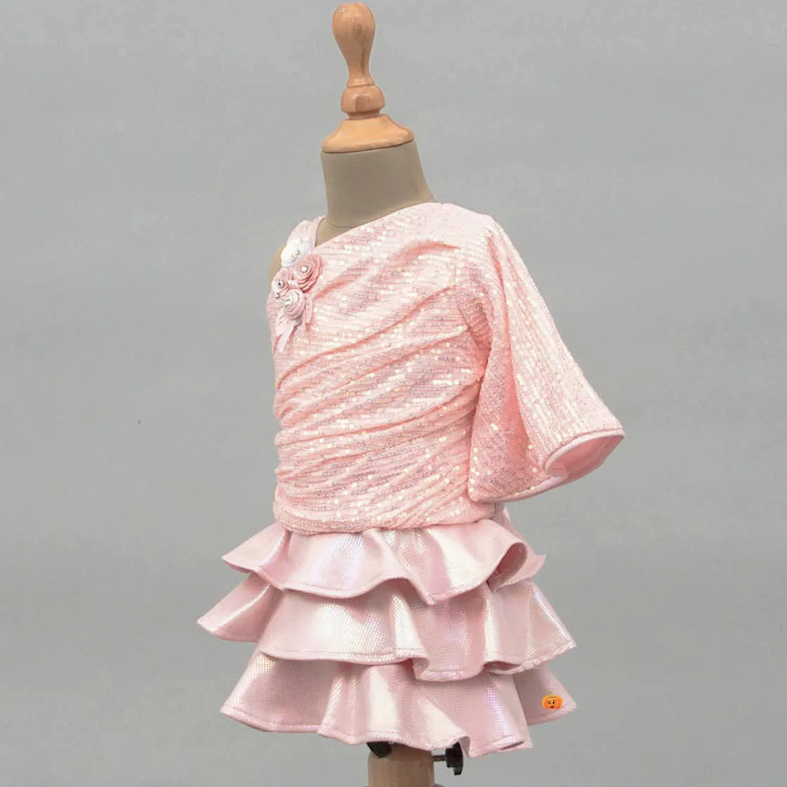 Peach-Grey Sequin Layered Girls Skirt & Top for Kids