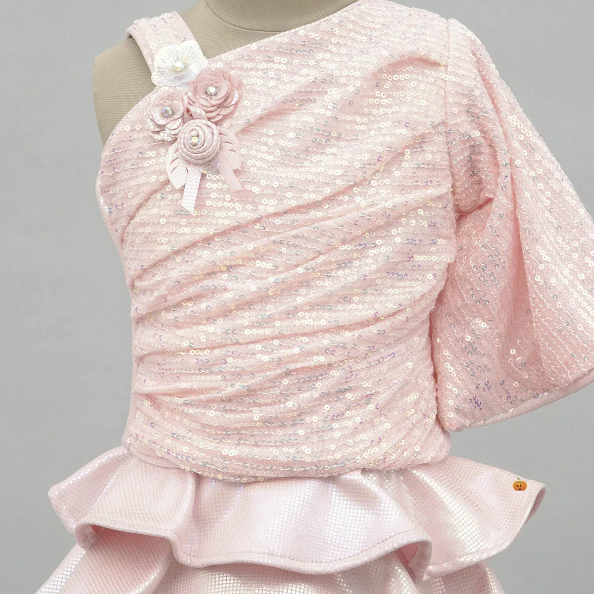 Peach-Grey Sequin Layered Girls Skirt & Top for Kids