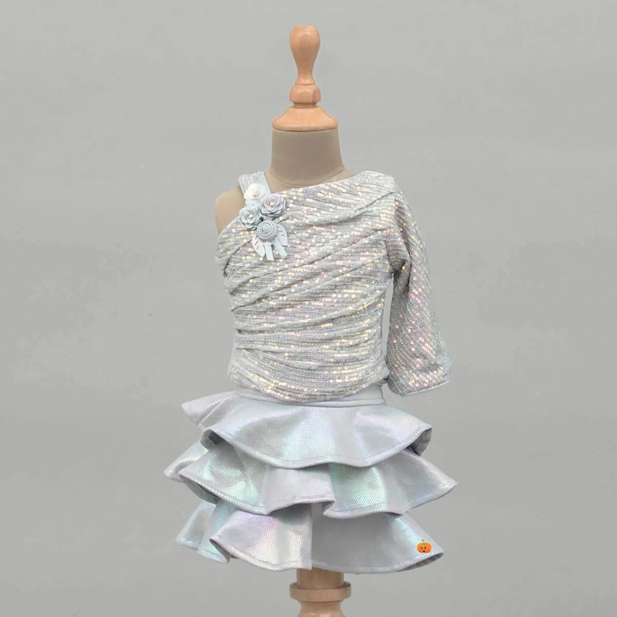 Peach-Grey Sequin Layered Girls Skirt & Top for Kids