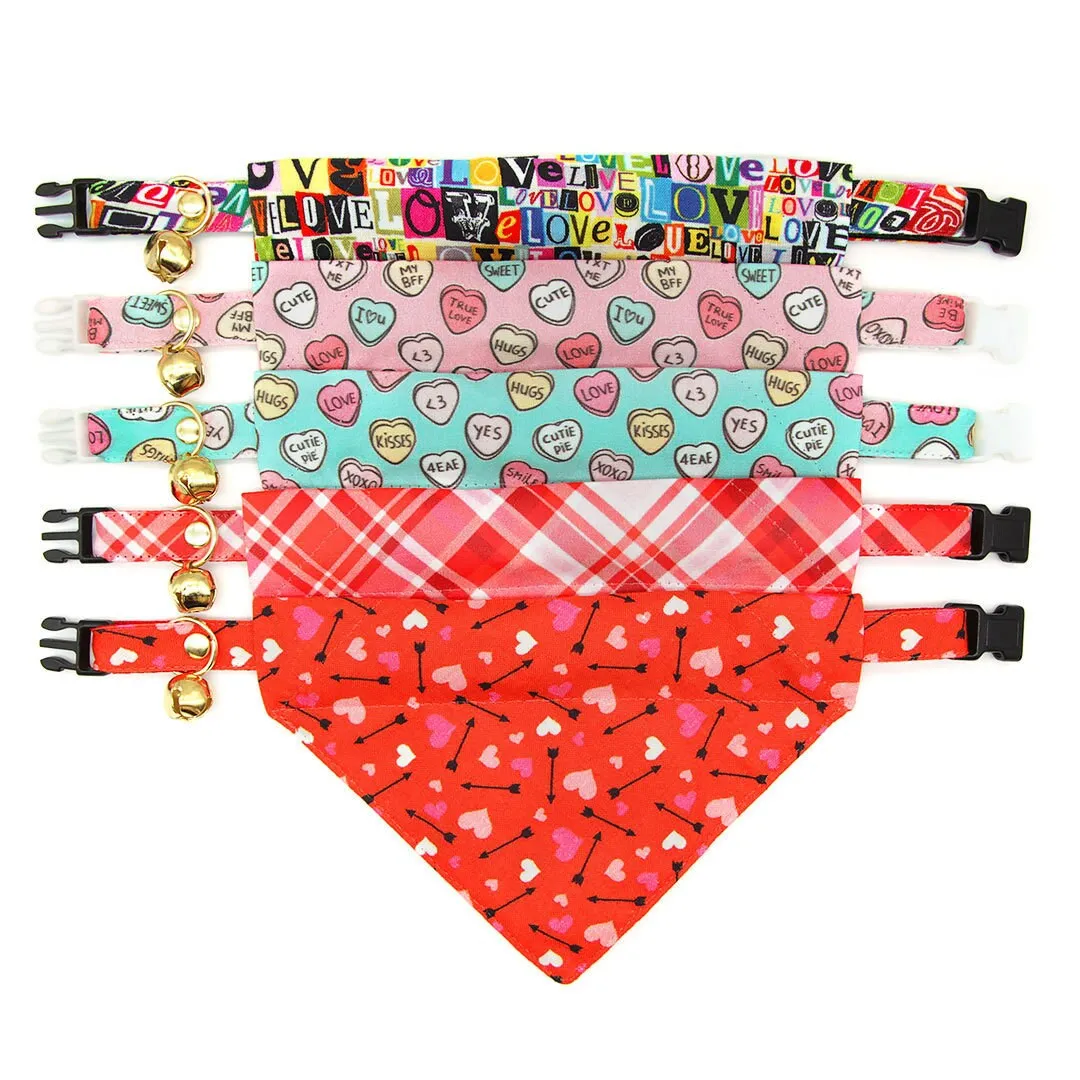 Pet Bandana - "Conversation Hearts - Mint" - Candy Heart Sayings Bandana for Cat   Small Dog / Valentine's Day / Slide-on Bandana / Over-the-Collar (One Size)