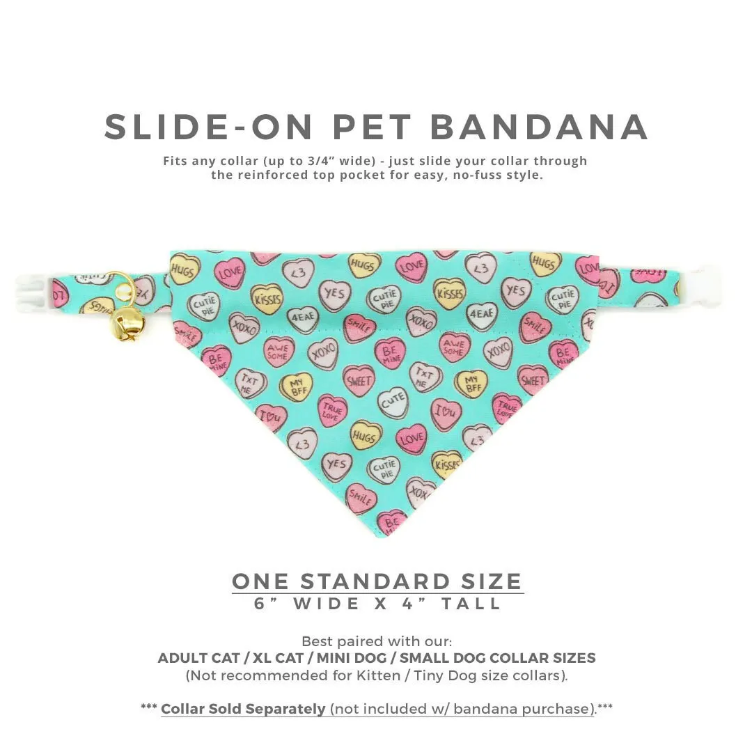 Pet Bandana - "Conversation Hearts - Mint" - Candy Heart Sayings Bandana for Cat   Small Dog / Valentine's Day / Slide-on Bandana / Over-the-Collar (One Size)