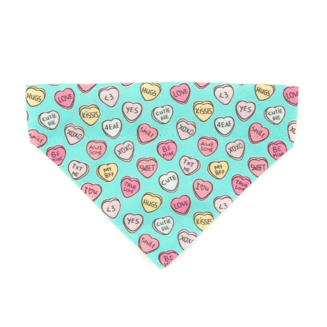 Pet Bandana - "Conversation Hearts - Mint" - Candy Heart Sayings Bandana for Cat   Small Dog / Valentine's Day / Slide-on Bandana / Over-the-Collar (One Size)