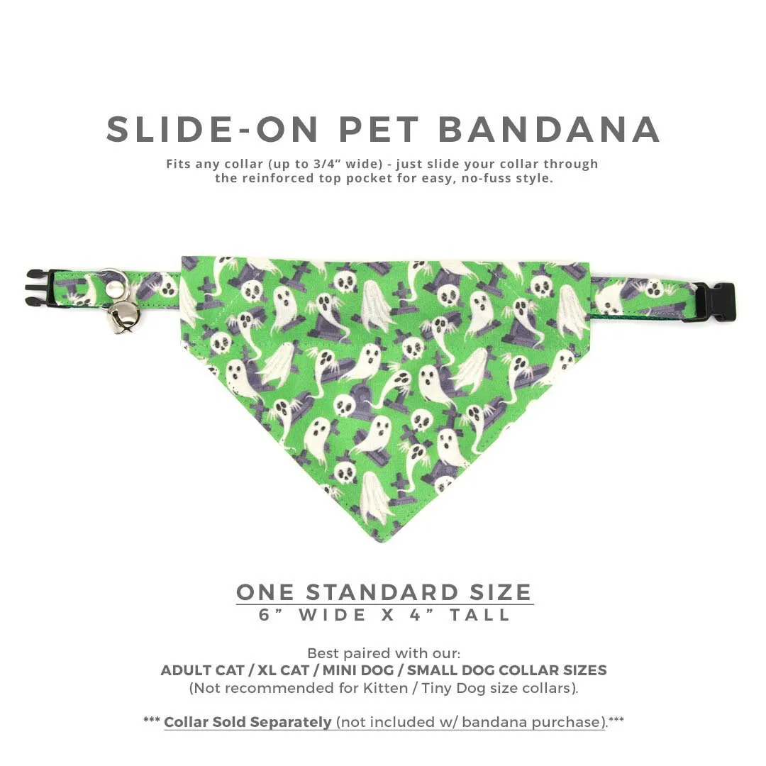 Pet Bandana - "Ghostly Gathering" - Halloween Green Ghost Bandana for Cat   Small Dog / Skulls, Haunted Graveyard, Cemetery / Slide-on Bandana / Over-the-Collar (One Size)