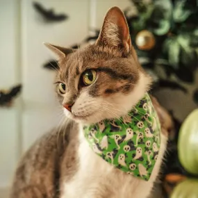 Pet Bandana - "Ghostly Gathering" - Halloween Green Ghost Bandana for Cat   Small Dog / Skulls, Haunted Graveyard, Cemetery / Slide-on Bandana / Over-the-Collar (One Size)