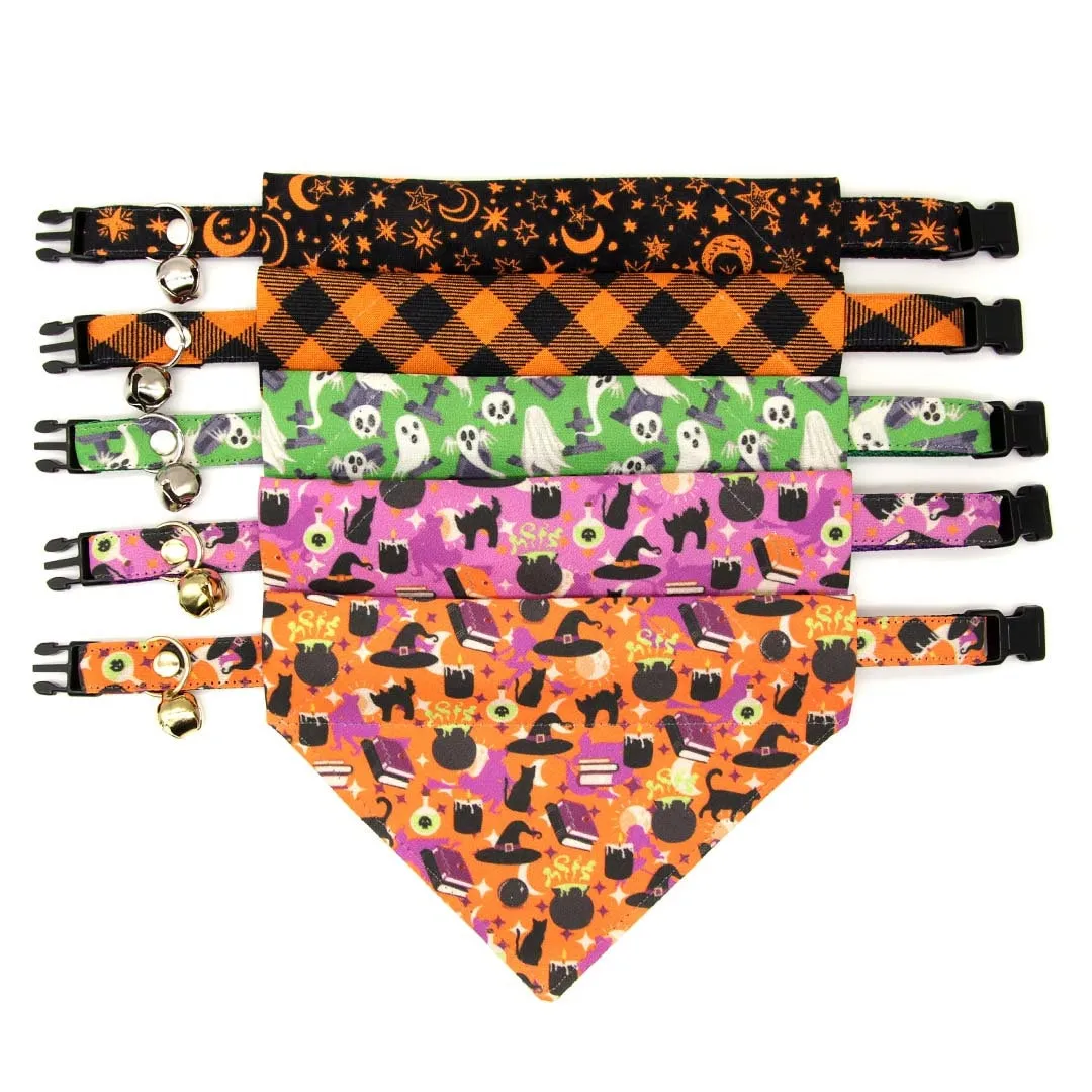 Pet Bandana - "Ghostly Gathering" - Halloween Green Ghost Bandana for Cat   Small Dog / Skulls, Haunted Graveyard, Cemetery / Slide-on Bandana / Over-the-Collar (One Size)