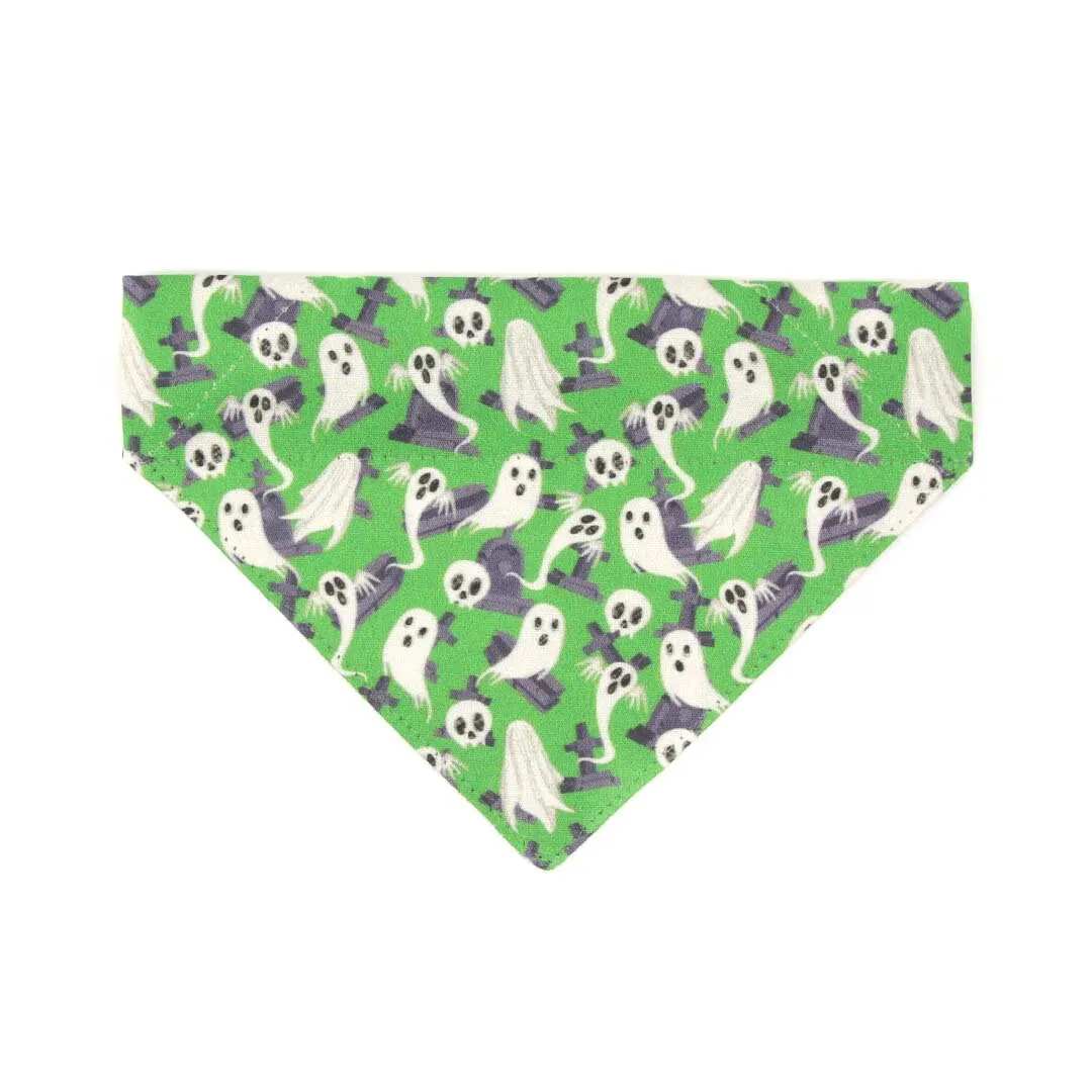 Pet Bandana - "Ghostly Gathering" - Halloween Green Ghost Bandana for Cat   Small Dog / Skulls, Haunted Graveyard, Cemetery / Slide-on Bandana / Over-the-Collar (One Size)