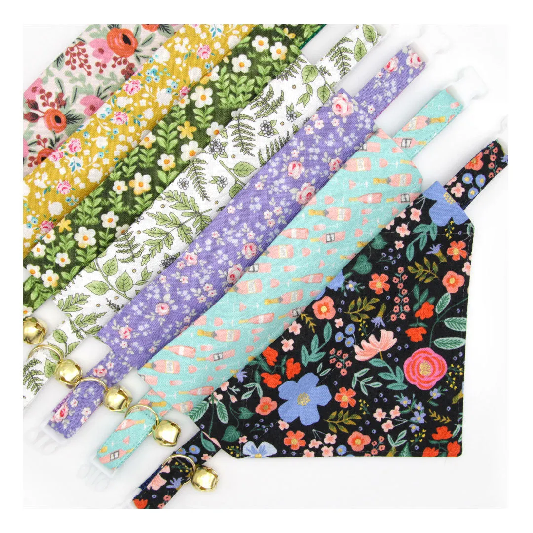 Pet Bandana - "Hazel" - Green Floral Bandana for Cat   Small Dog / Spring   Summer / Slide-on Bandana / Over-the-Collar (One Size)