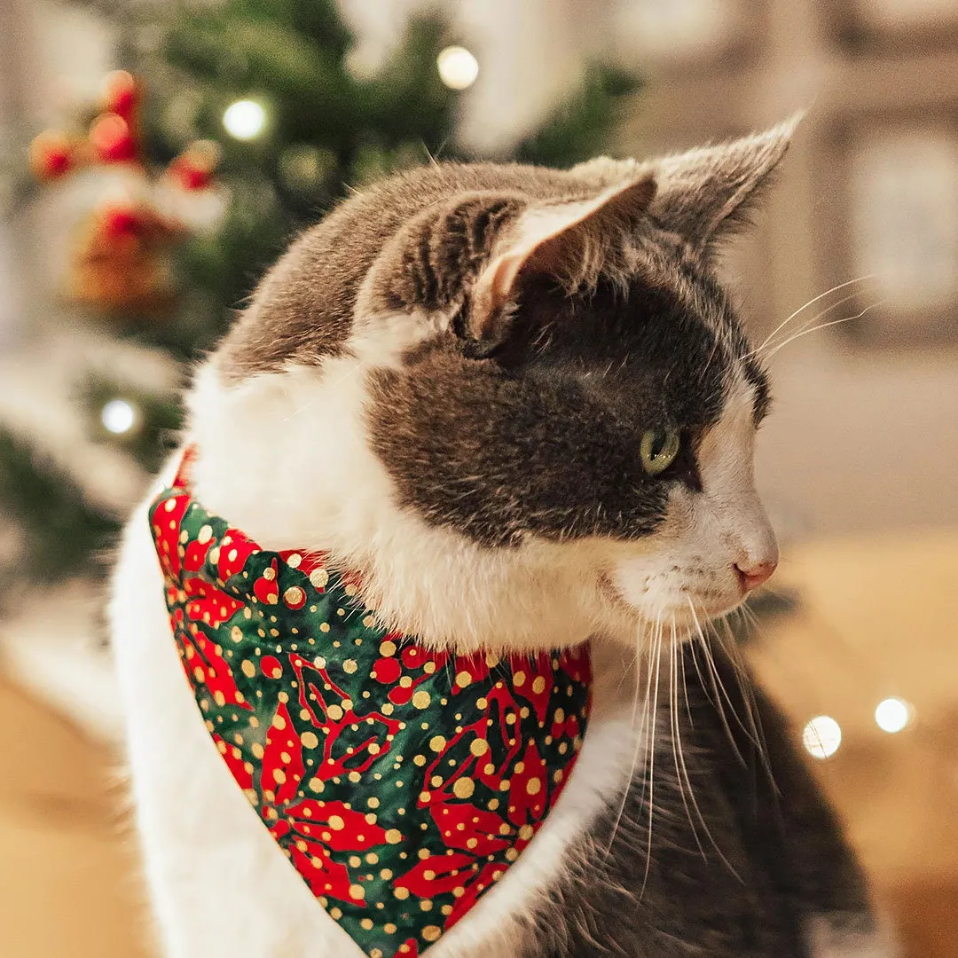 Pet Bandana - "Joy" - Red, Green & Gold Dot Christmas Bandana for Cat   Small Dog / Holiday / Slide-on Bandana / Over-the-Collar (One Size)