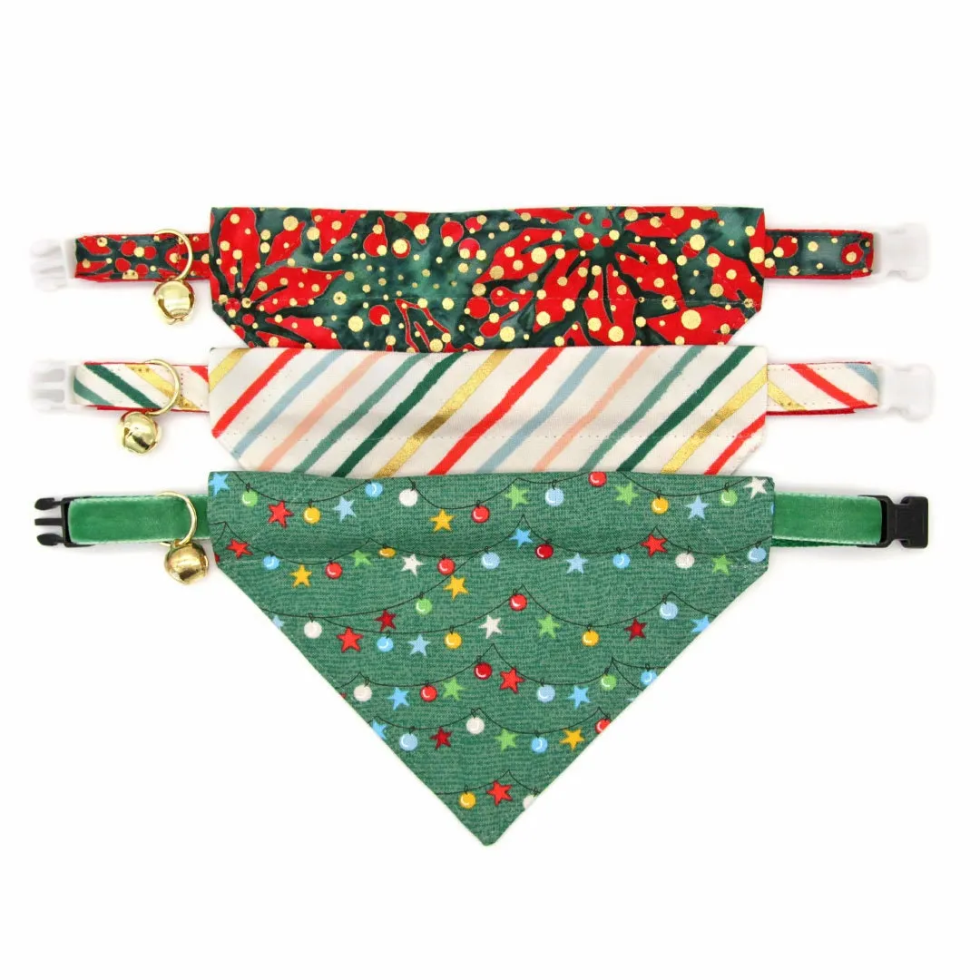 Pet Bandana - "Joy" - Red, Green & Gold Dot Christmas Bandana for Cat   Small Dog / Holiday / Slide-on Bandana / Over-the-Collar (One Size)