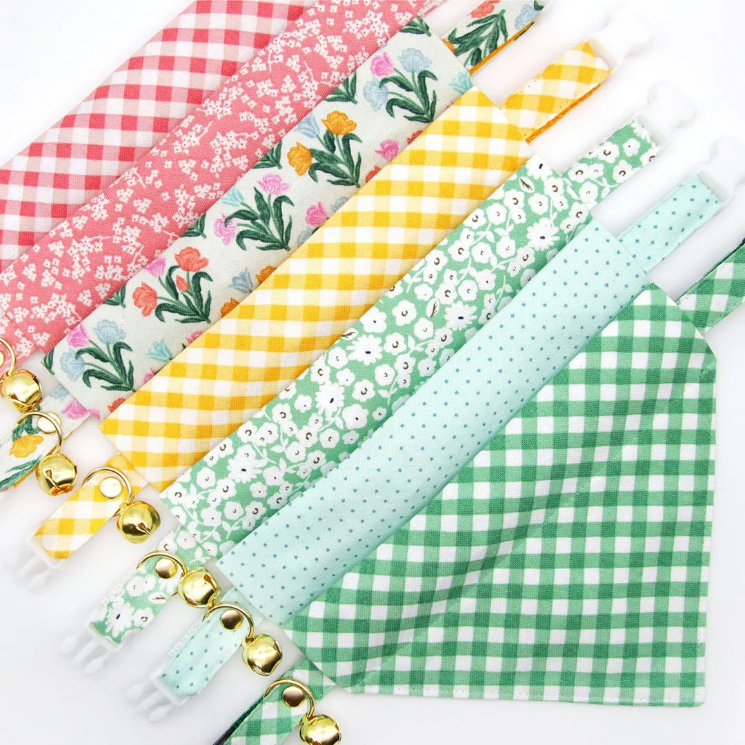 Pet Bandana - "Picnic" - Gingham Yellow Bandana for Cat   Small Dog / Spring, Easter, Summer / Slide-on Bandana / Over-the-Collar (One Size)