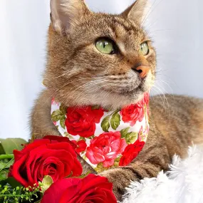 Pet Bandana - "Roses" - Red Rose Bandana for Cat   Small Dog / Valentine's Day, Wedding, Floral / Slide-on Bandana / Over-the-Collar (One Size)