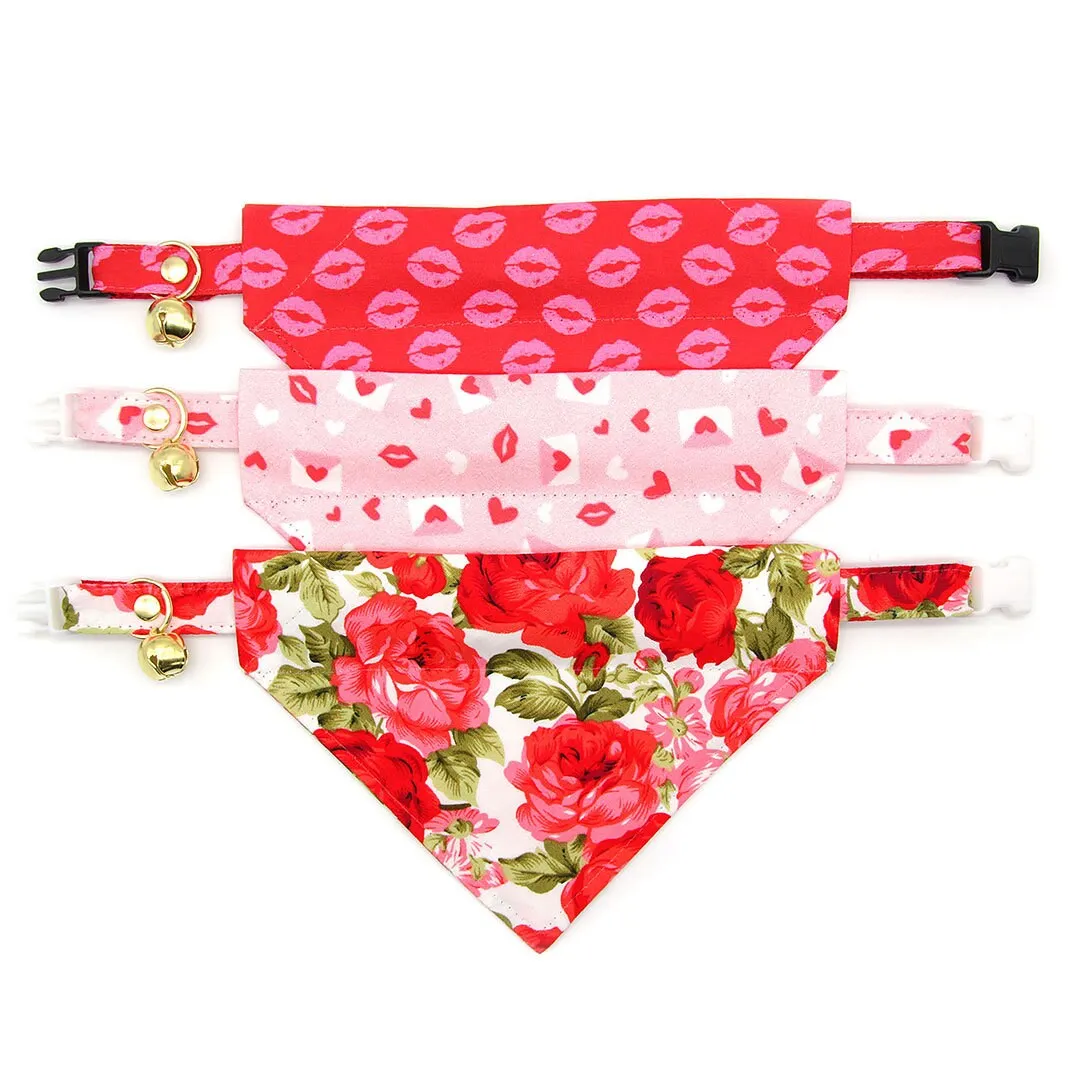 Pet Bandana - "Roses" - Red Rose Bandana for Cat   Small Dog / Valentine's Day, Wedding, Floral / Slide-on Bandana / Over-the-Collar (One Size)