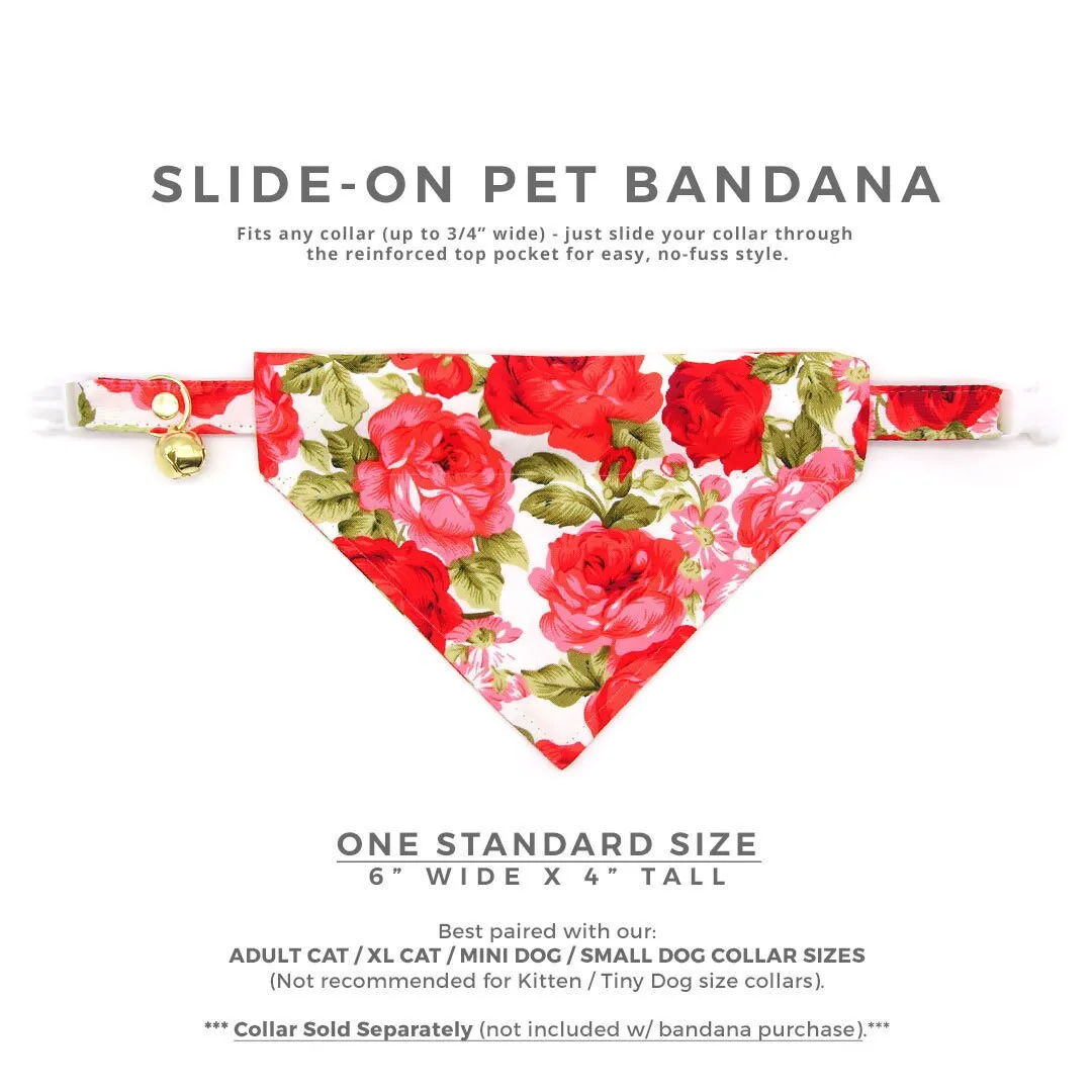 Pet Bandana - "Roses" - Red Rose Bandana for Cat   Small Dog / Valentine's Day, Wedding, Floral / Slide-on Bandana / Over-the-Collar (One Size)