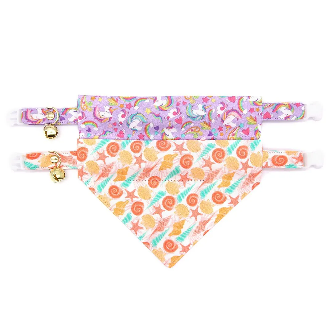 Pet Bandana - "Seashell Beach" - Peach, Aqua & Coral Pink Shell Bandana for Cat   Small Dog / Slide-on Bandana / Over-the-Collar (One Size)