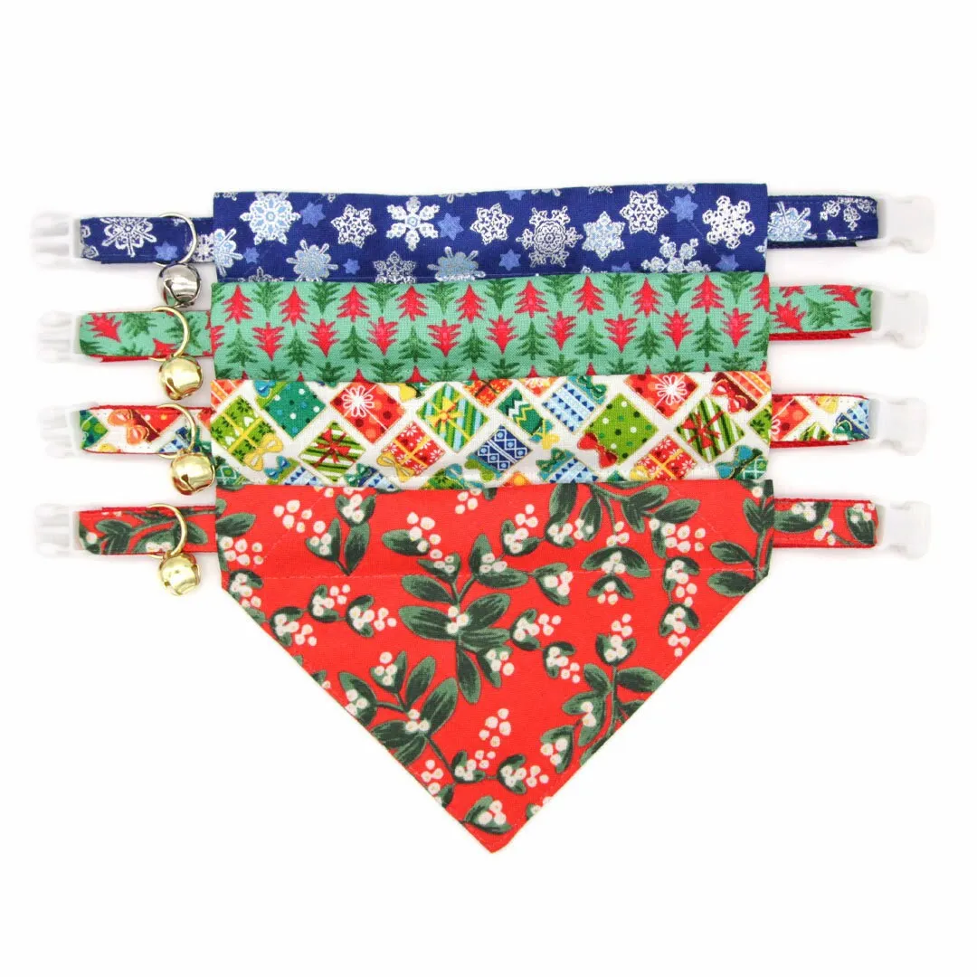 Pet Bandana - "Shimmering Snowflakes - Blue" - Silver & Blue Holiday Bandana for Cat   Small Dog / Winter Solstice / Slide-on Bandana / Over-the-Collar (One Size)