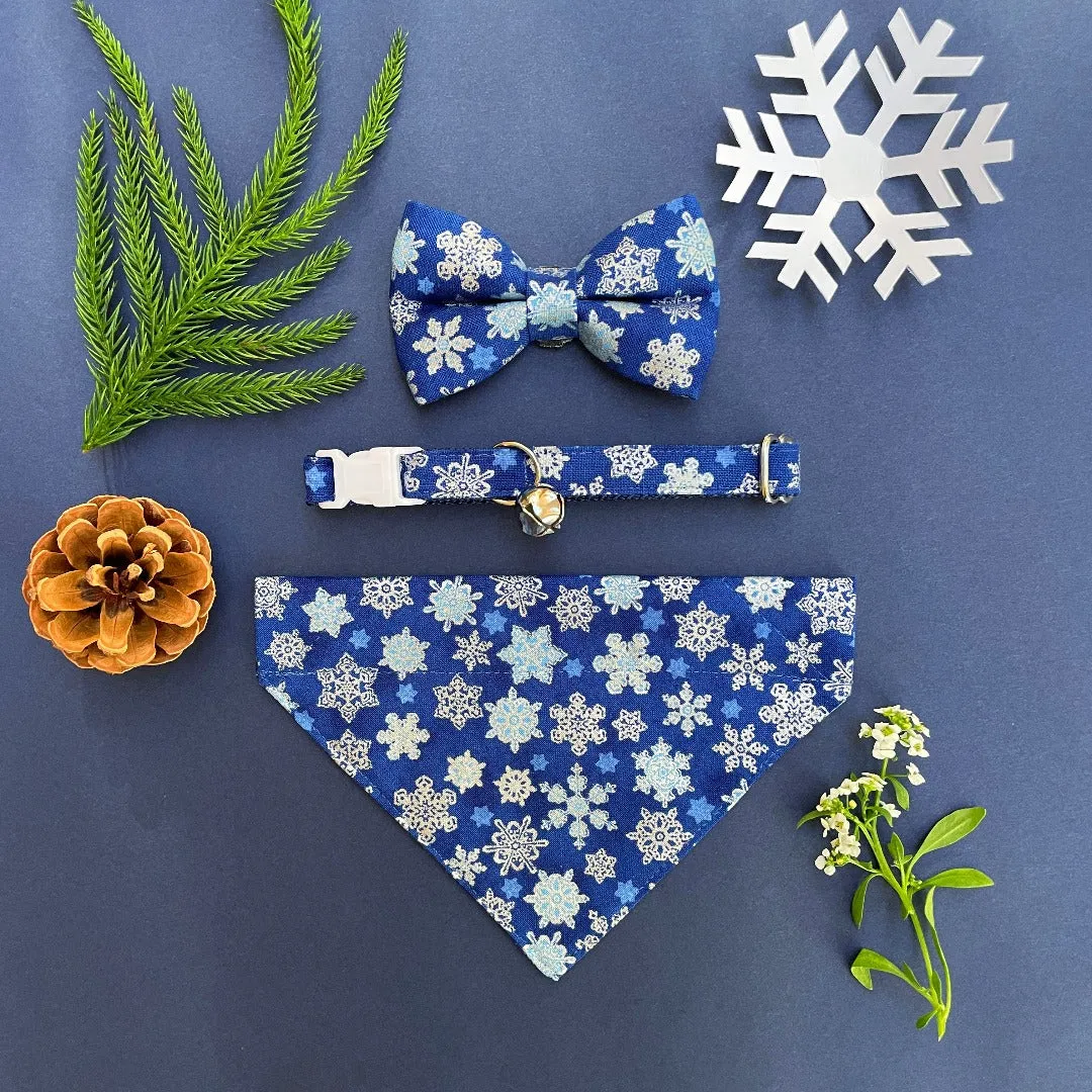 Pet Bandana - "Shimmering Snowflakes - Blue" - Silver & Blue Holiday Bandana for Cat   Small Dog / Winter Solstice / Slide-on Bandana / Over-the-Collar (One Size)