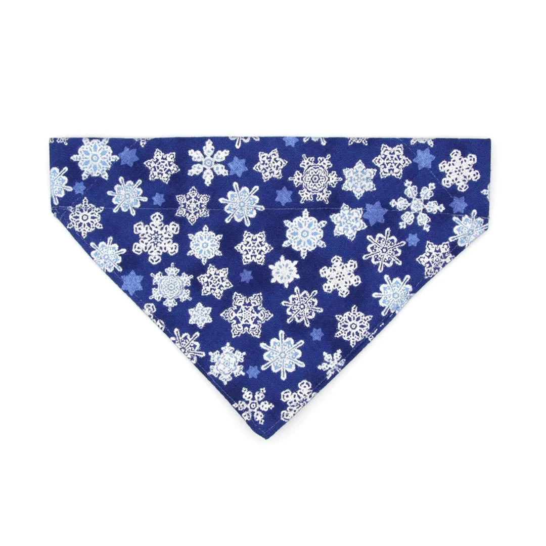 Pet Bandana - "Shimmering Snowflakes - Blue" - Silver & Blue Holiday Bandana for Cat   Small Dog / Winter Solstice / Slide-on Bandana / Over-the-Collar (One Size)