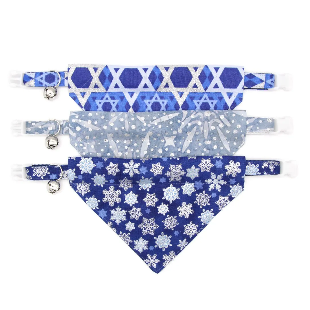 Pet Bandana - "Shimmering Snowflakes - Blue" - Silver & Blue Holiday Bandana for Cat   Small Dog / Winter Solstice / Slide-on Bandana / Over-the-Collar (One Size)