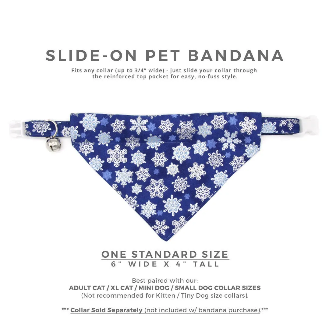 Pet Bandana - "Shimmering Snowflakes - Blue" - Silver & Blue Holiday Bandana for Cat   Small Dog / Winter Solstice / Slide-on Bandana / Over-the-Collar (One Size)