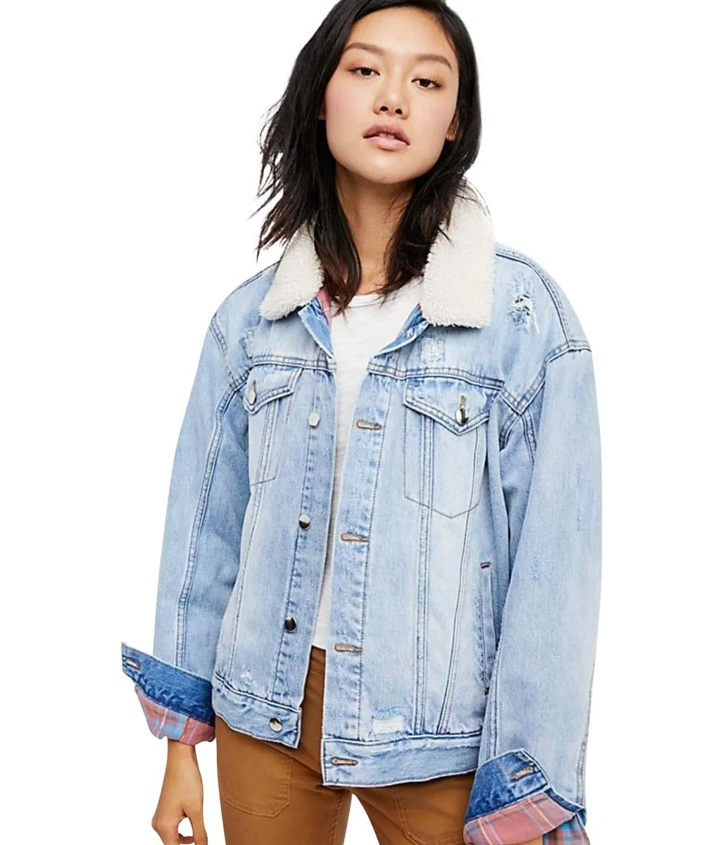 Plaid Lined Sherpa Trucker Jacket, Blue