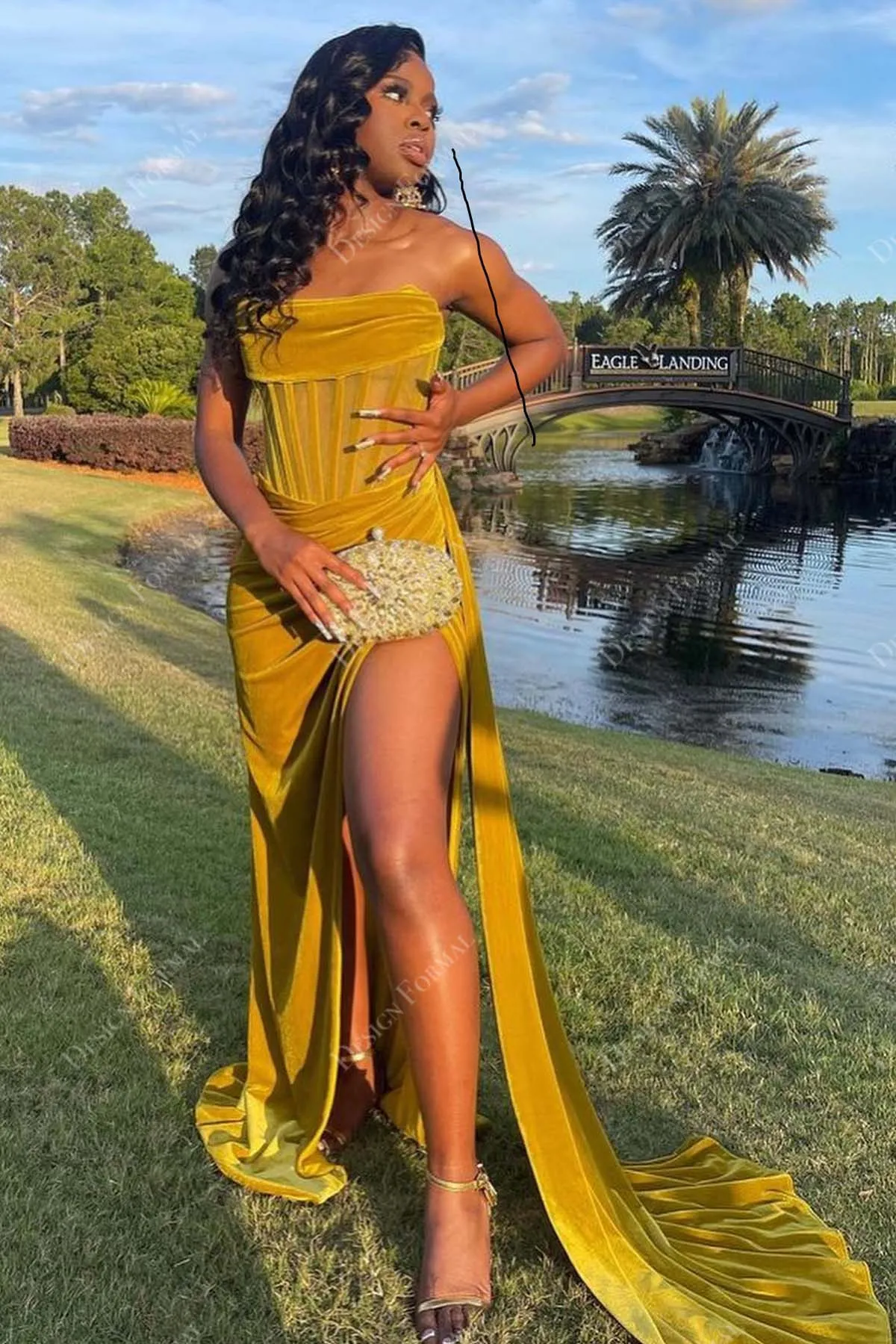 Pleated Slit Honey Yellow Velvet Strapless Custom Prom Dress