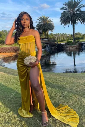 Pleated Slit Honey Yellow Velvet Strapless Custom Prom Dress