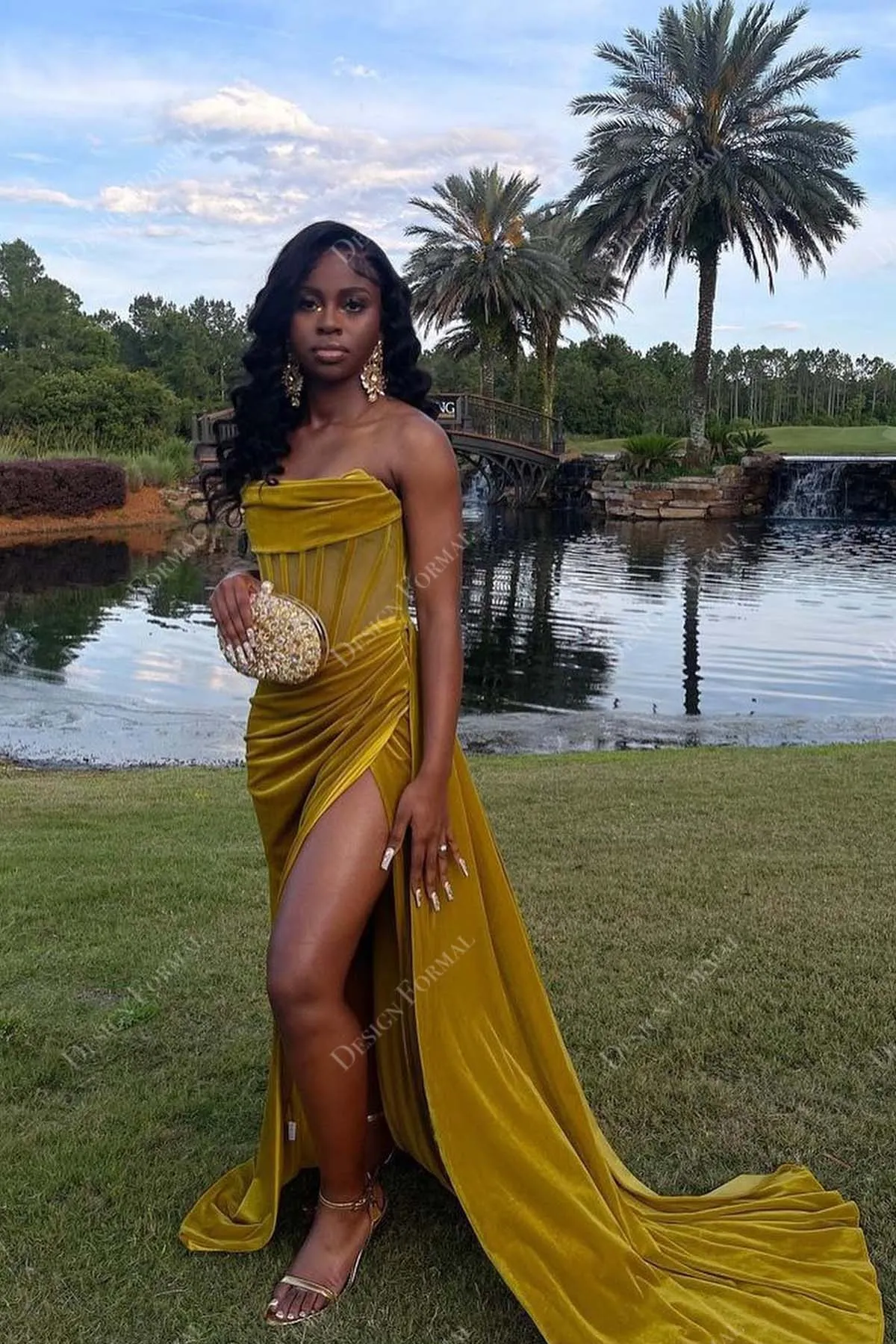 Pleated Slit Honey Yellow Velvet Strapless Custom Prom Dress