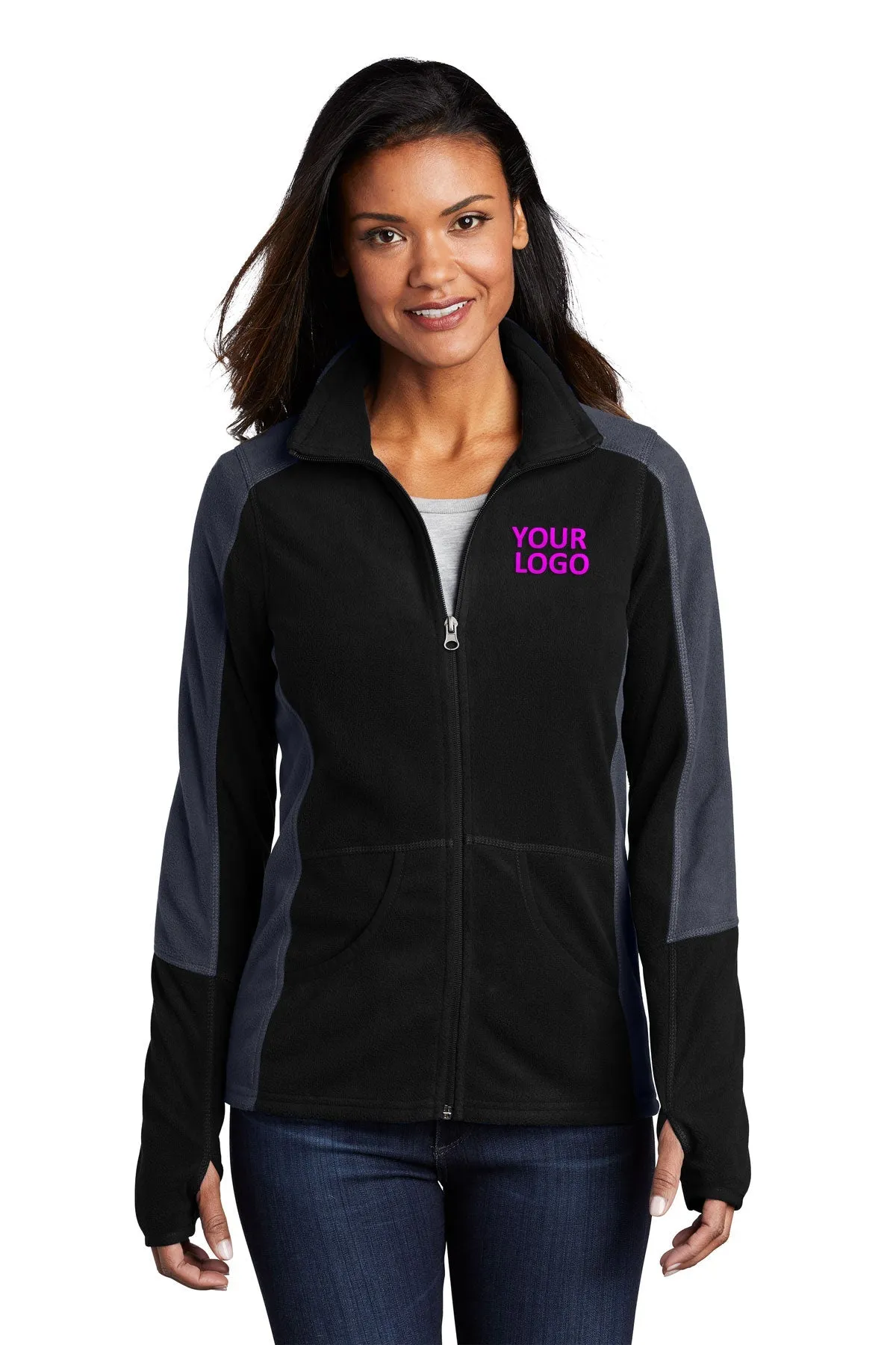 Port Authority Ladies Colorblock MicroFleece Customized Jackets, Black/ Battleship Grey