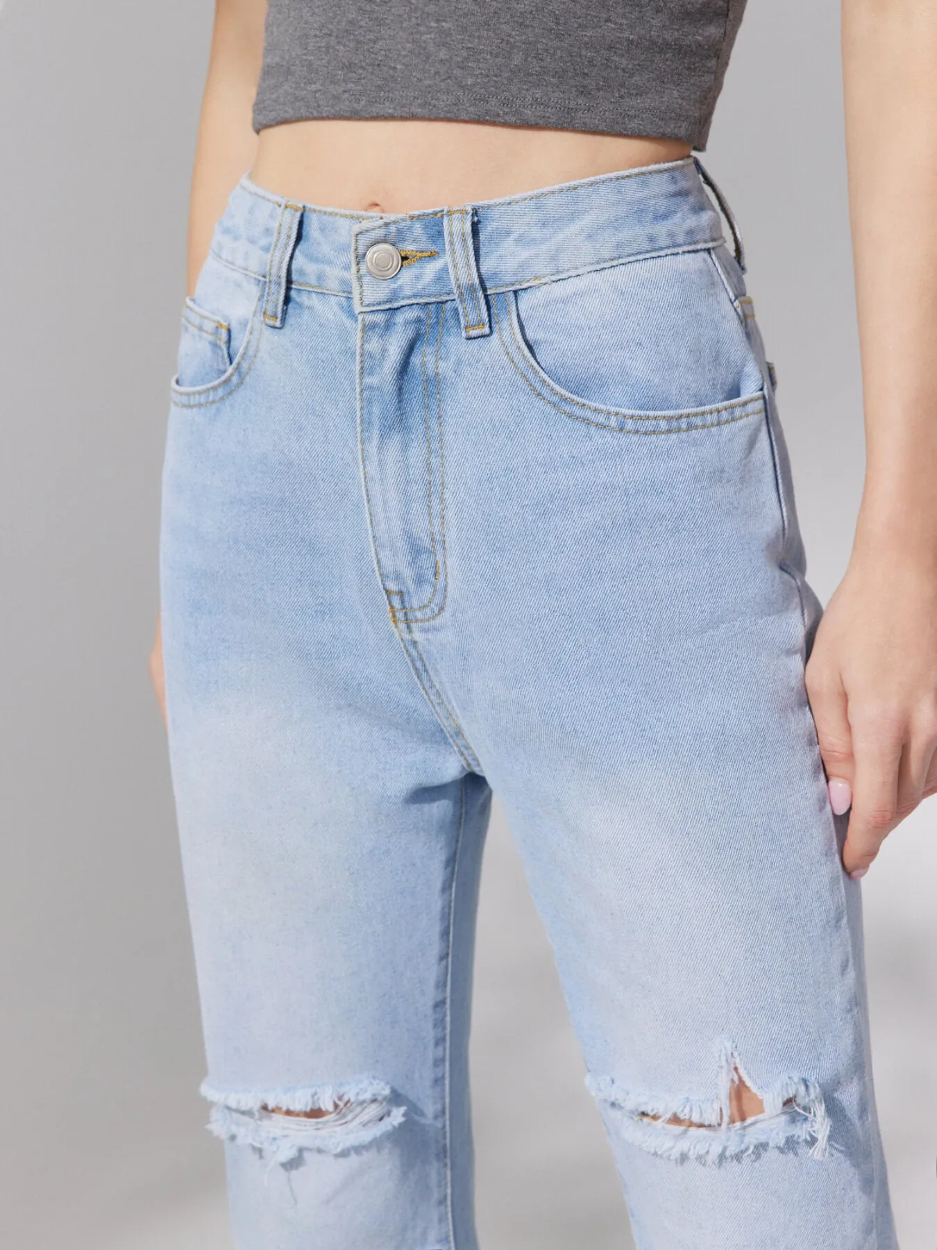 Ripped Straight Leg High Waist Denim Jeans