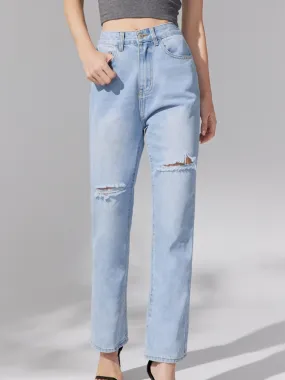 Ripped Straight Leg High Waist Denim Jeans