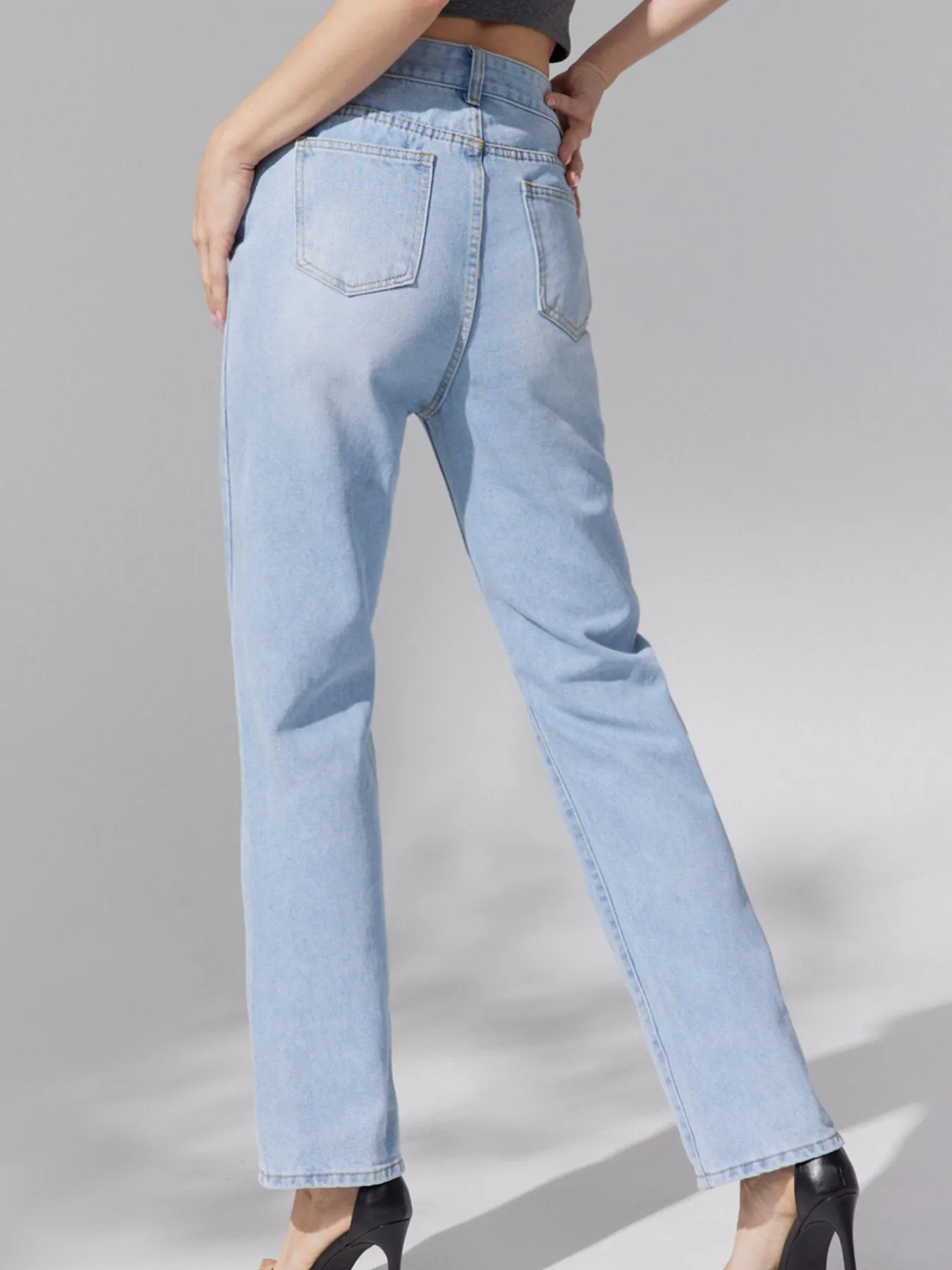 Ripped Straight Leg High Waist Denim Jeans