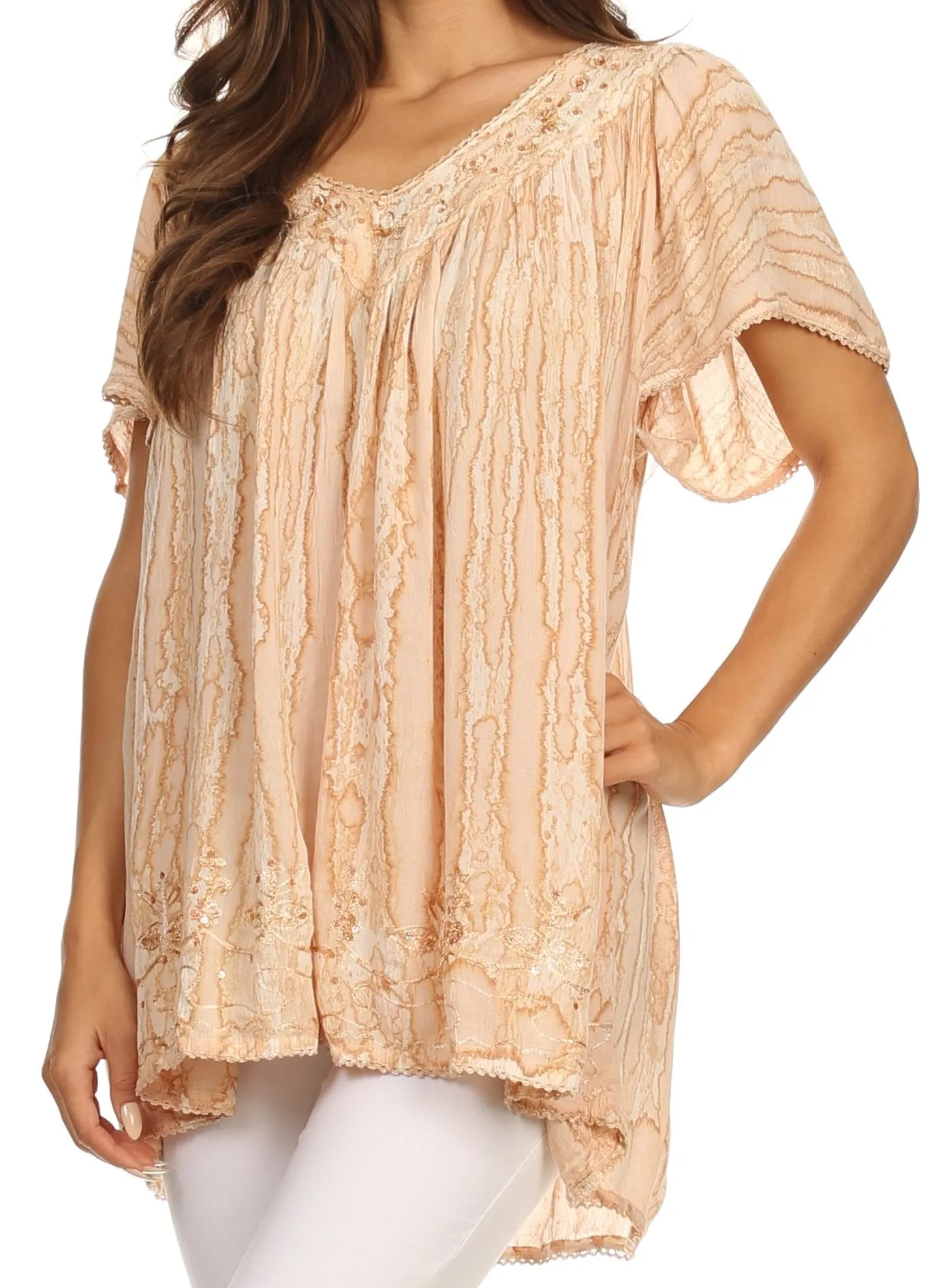 Sakkas Elaine Embroidered Batik Scoop Neck Relaxed Fit Flutter Sleeve Blouse