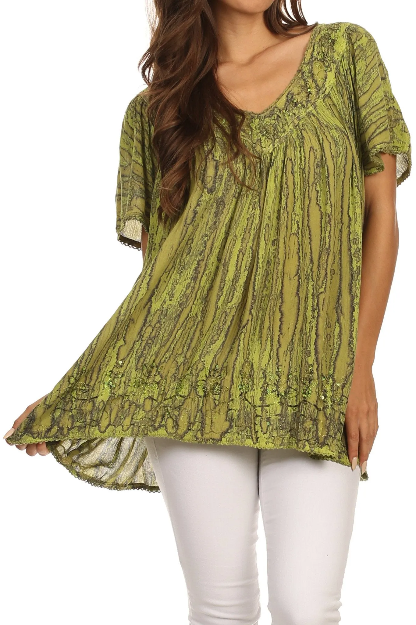 Sakkas Elaine Embroidered Batik Scoop Neck Relaxed Fit Flutter Sleeve Blouse