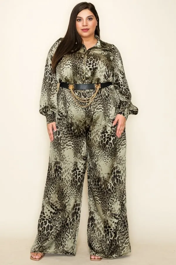 Satin leopard long sleeve button down palazzo jumpsuit