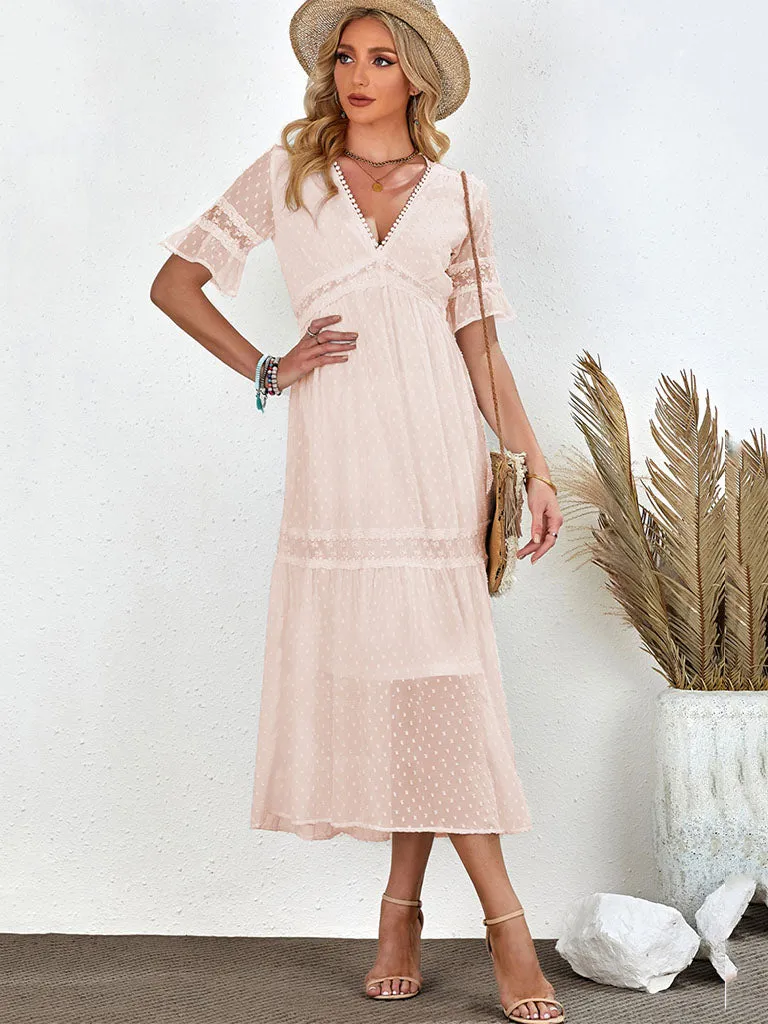 Semi-Sheer Short Sleeves Cut Out High Waist Maxi Boho Dress