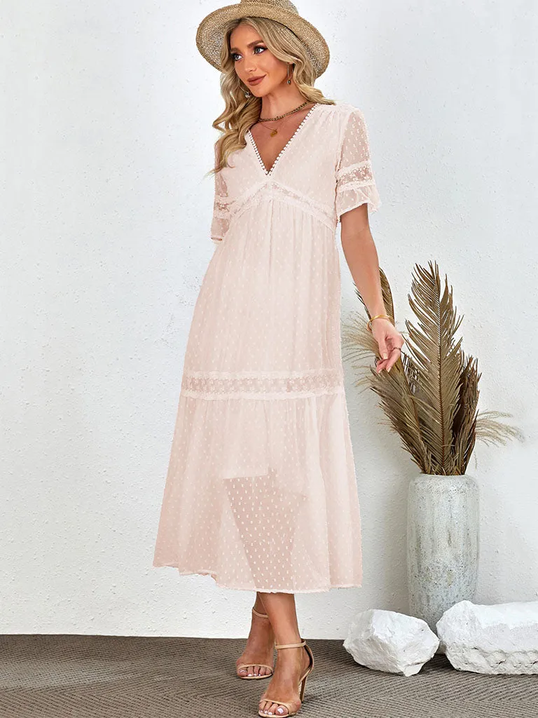 Semi-Sheer Short Sleeves Cut Out High Waist Maxi Boho Dress