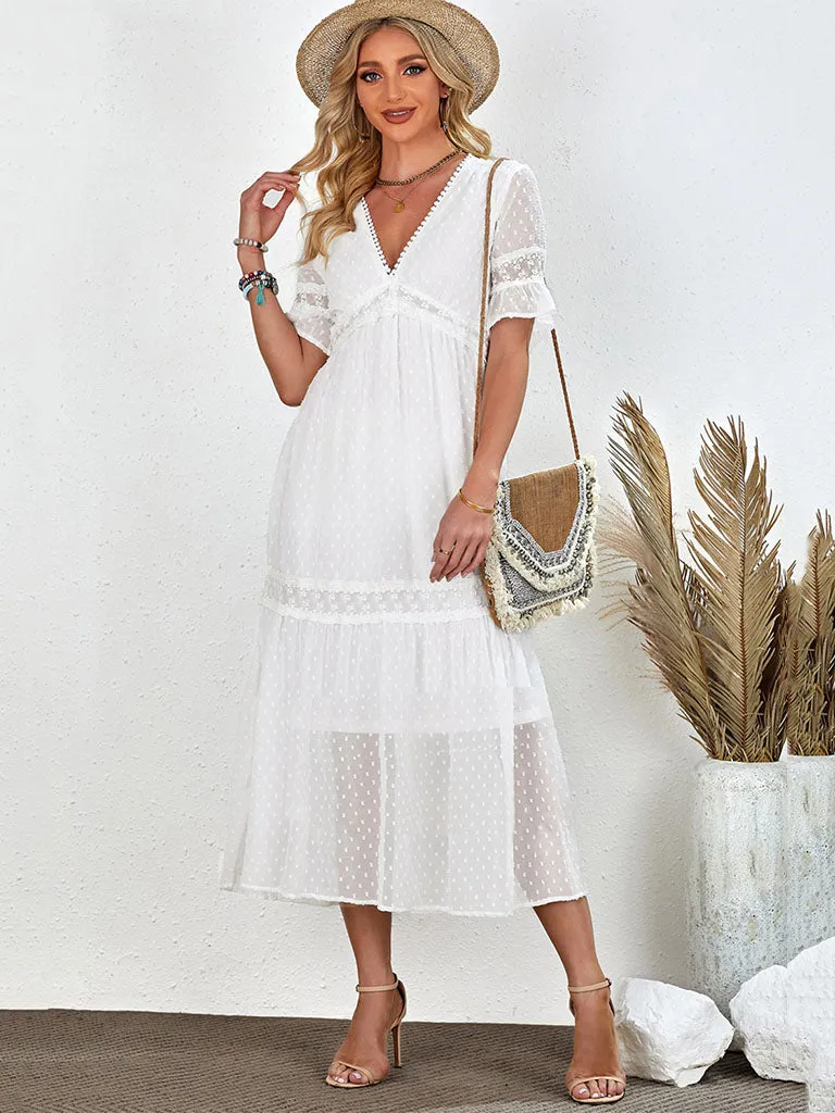 Semi-Sheer Short Sleeves Cut Out High Waist Maxi Boho Dress